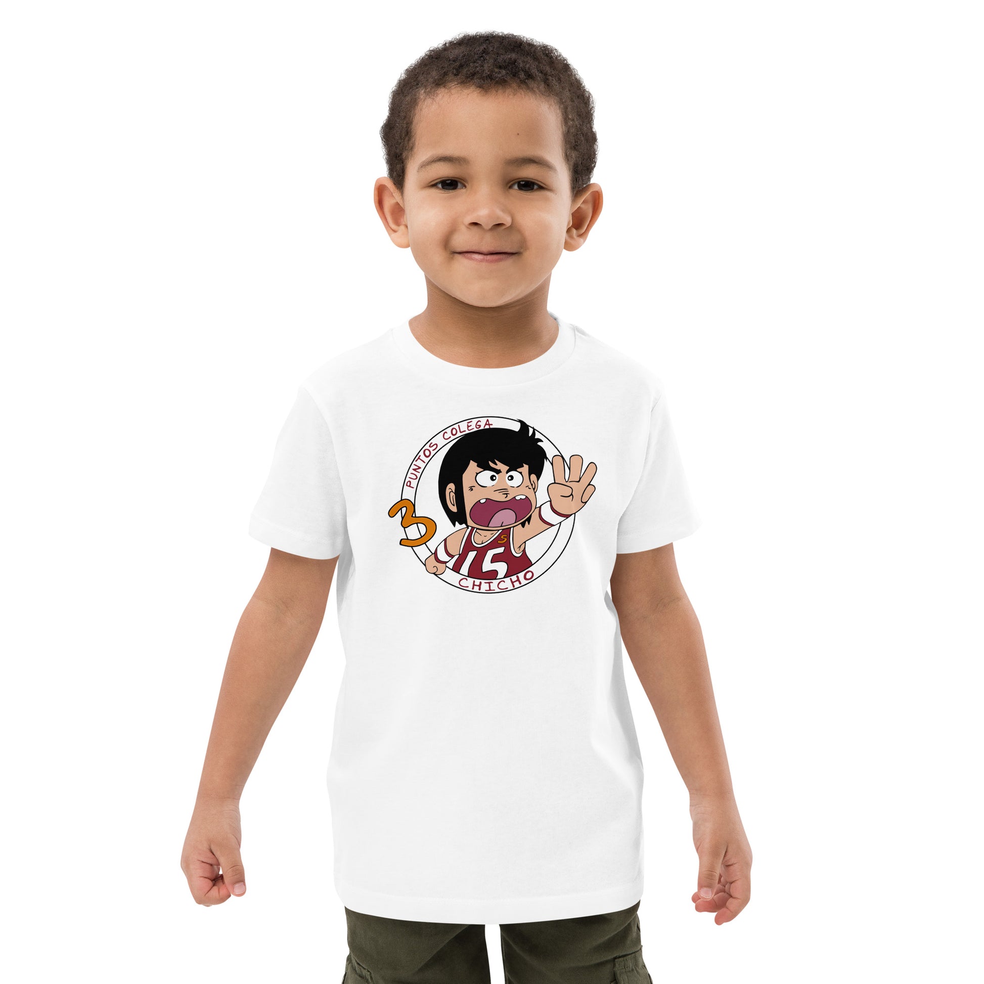 niño con camiseta 3 puntos colega chicho terremoto baloncesto infantil en color blanco