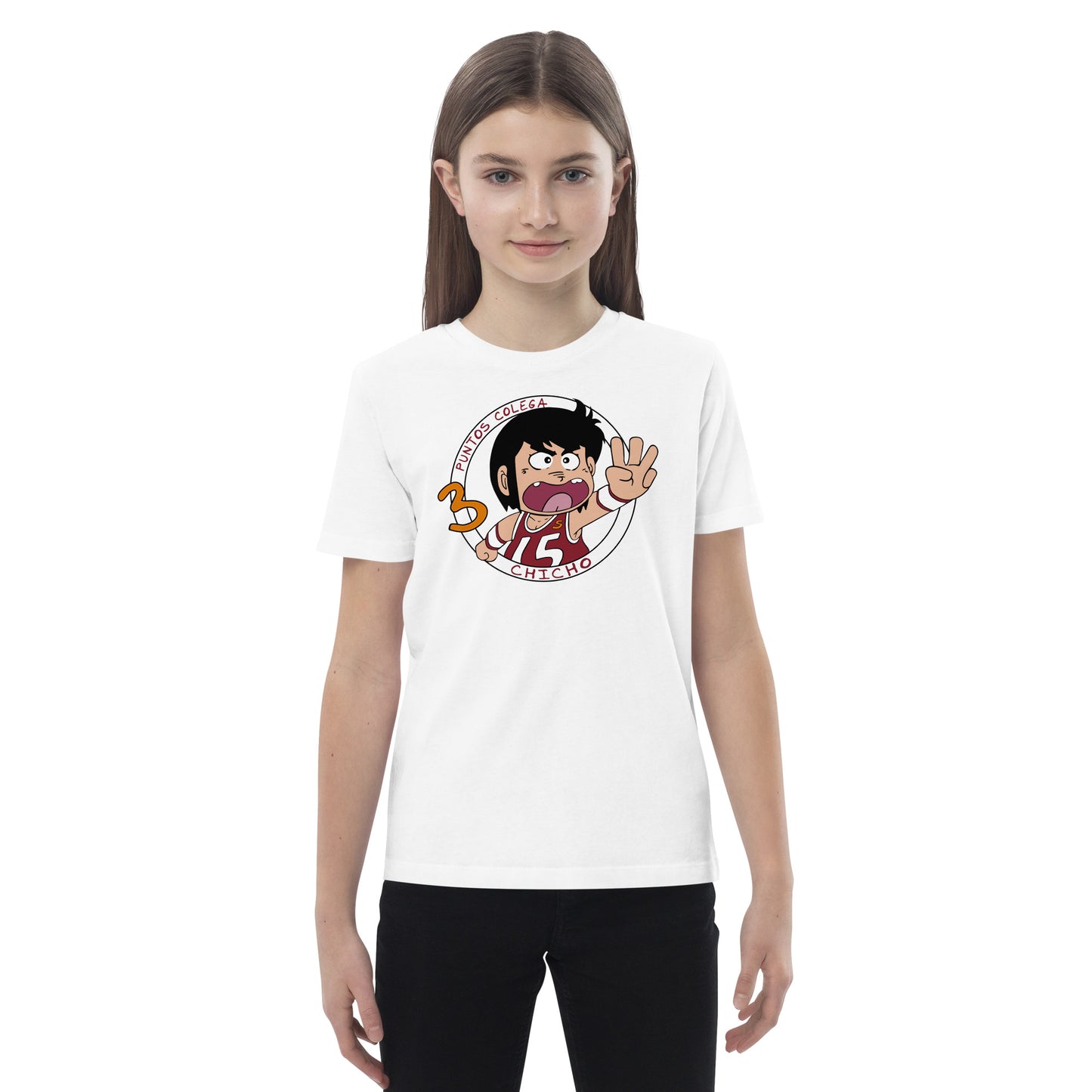 niña con camiseta 3 puntos colega chicho terremoto baloncesto infantil en color blanco