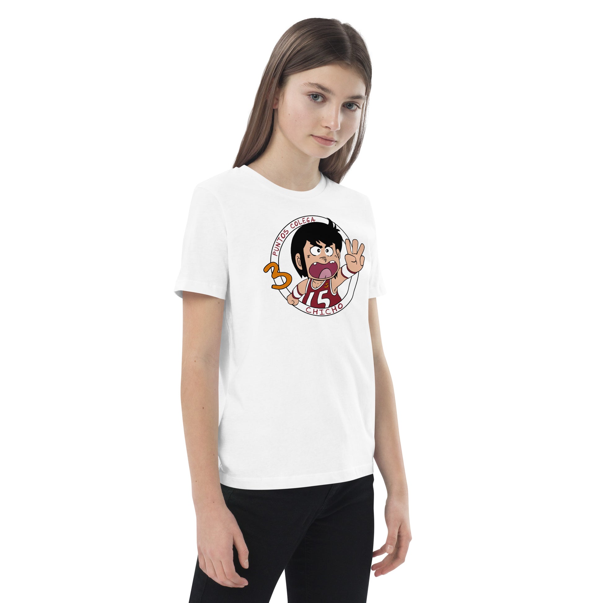 niña con camiseta 3 puntos colega chicho terremoto baloncesto infantil en color blanco