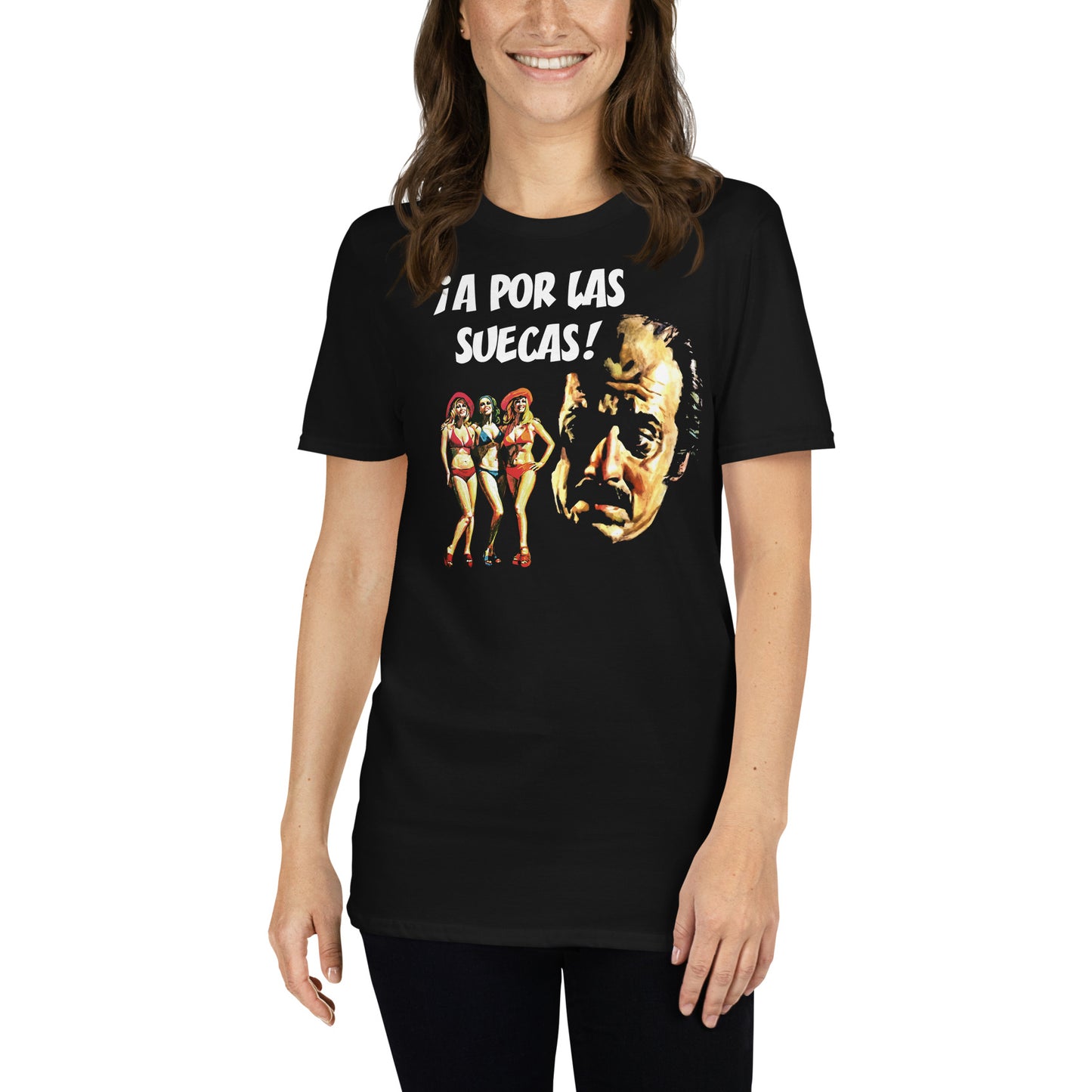mujer con camiseta a por las suecas lopez vazquez en color negro