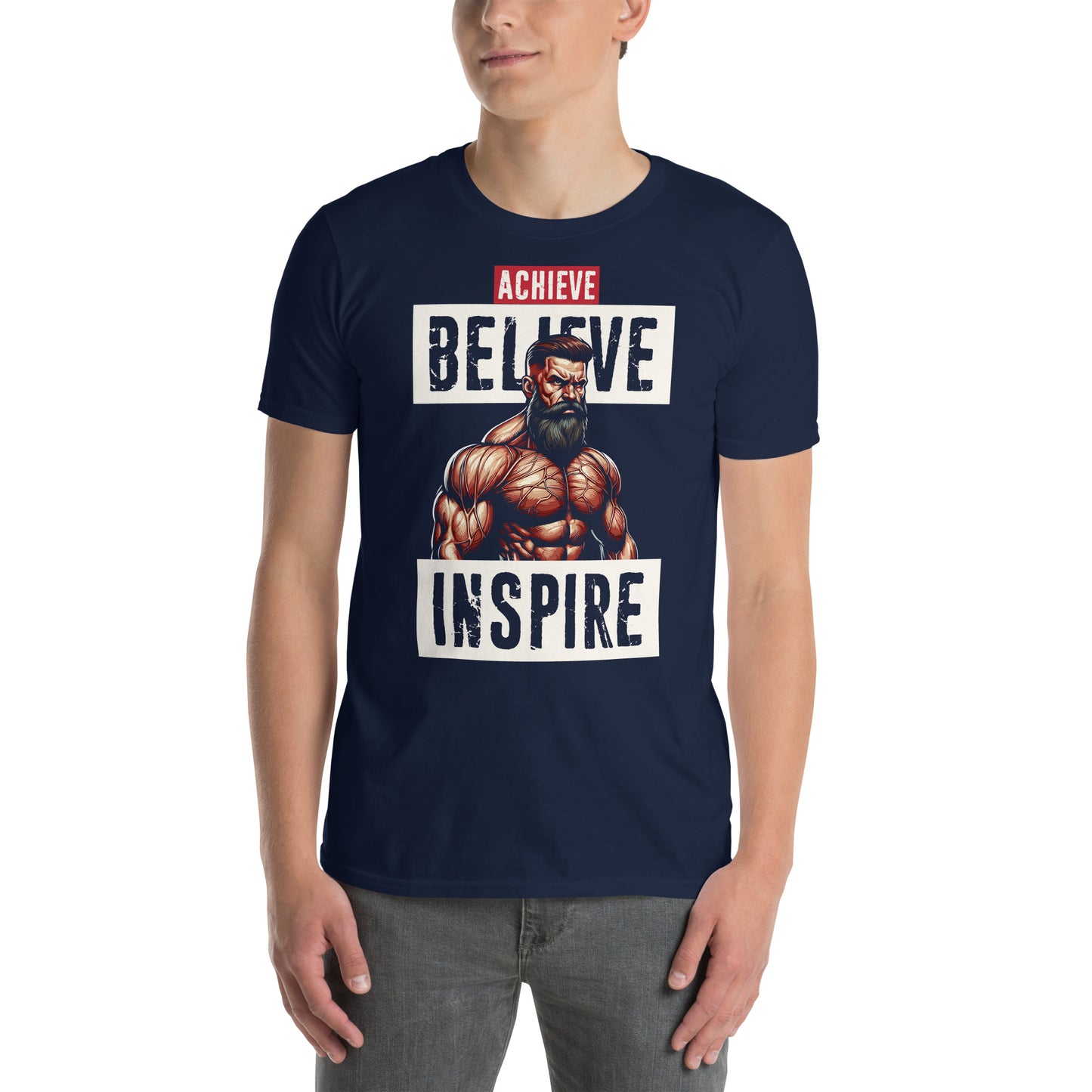 hombre con camiseta achieve believe inspire gym gimnasio fitness en color azul marino