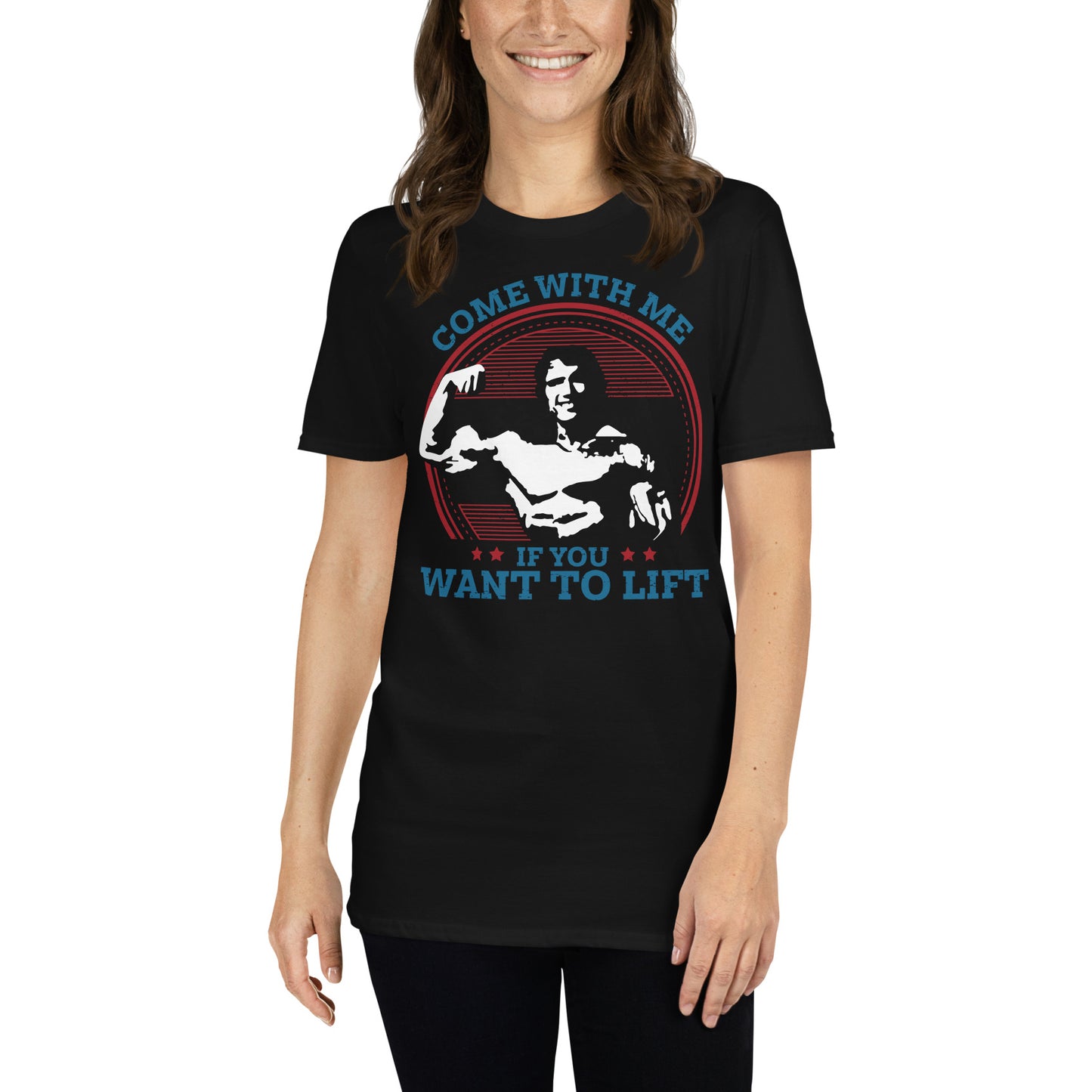 mujer con camiseta come with me if you want to lift arnold negra