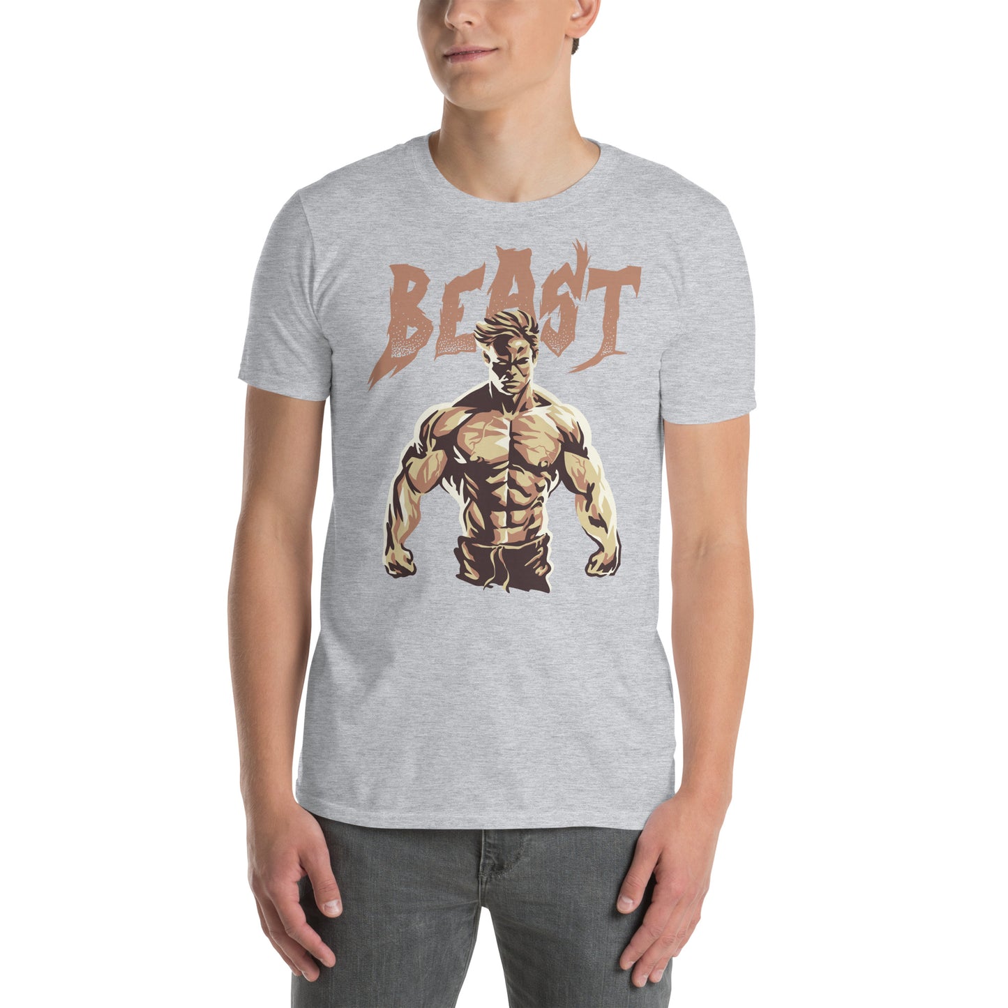 hombre con camiseta beast gym gimnasio fitness en color gris