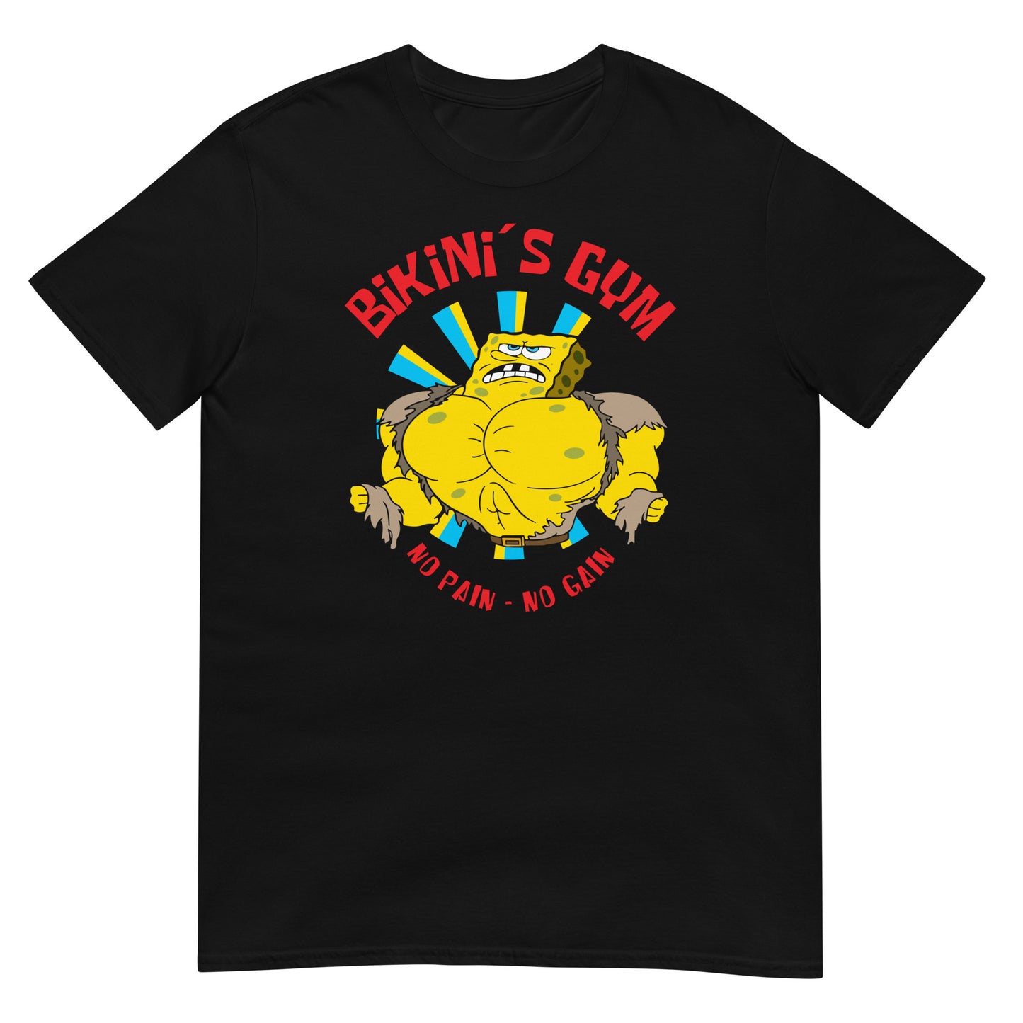 detalle de camiseta bikinis gym bob esponja gym gimnasio fitness en color negro