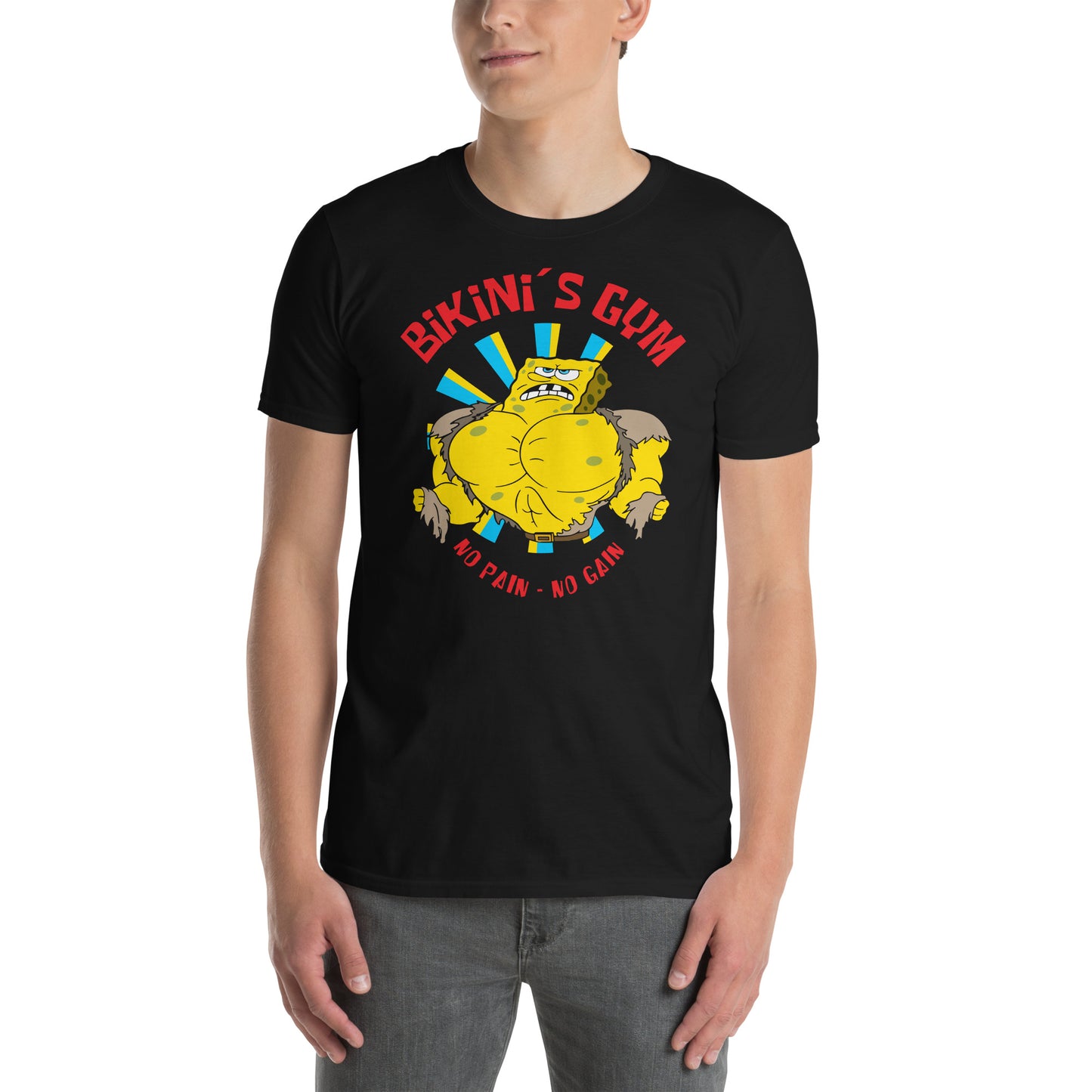 hombre con camiseta bikinis gym bob esponja gym gimnasio fitness en color negro