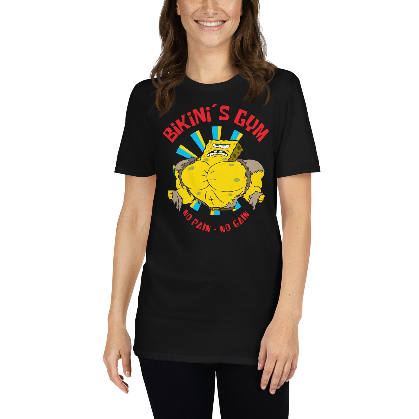 mujer con camiseta bikinis gym bob esponja gym gimnasio fitness en color negro