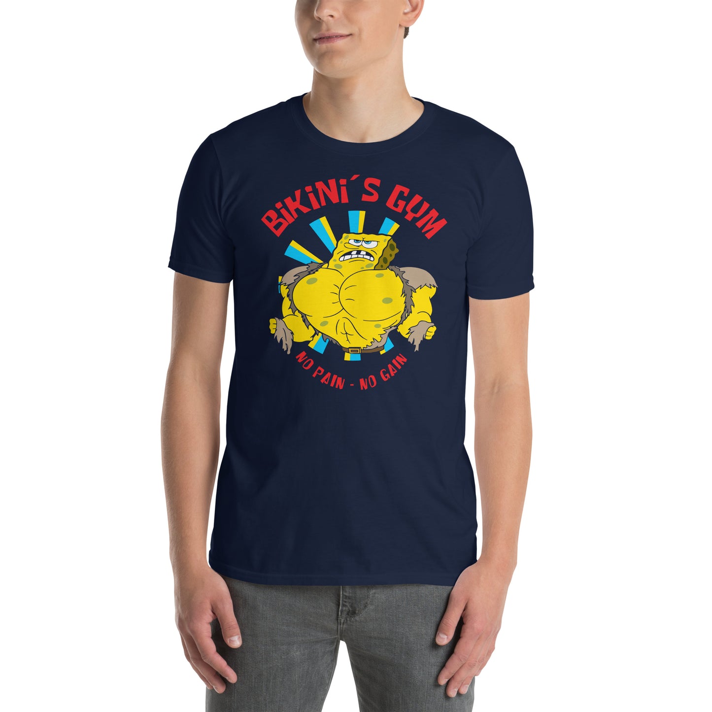hombre con camiseta bikinis gym bob esponja gym gimnasio fitness en color azul marino