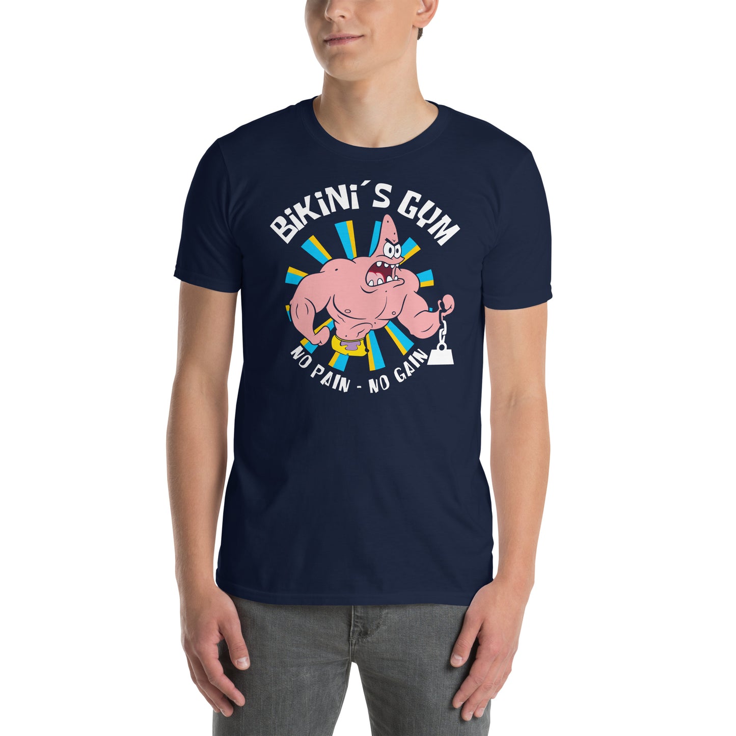 hombre con camiseta bikinis gym patricio estrella gym gimnasio fitness en color azul marino