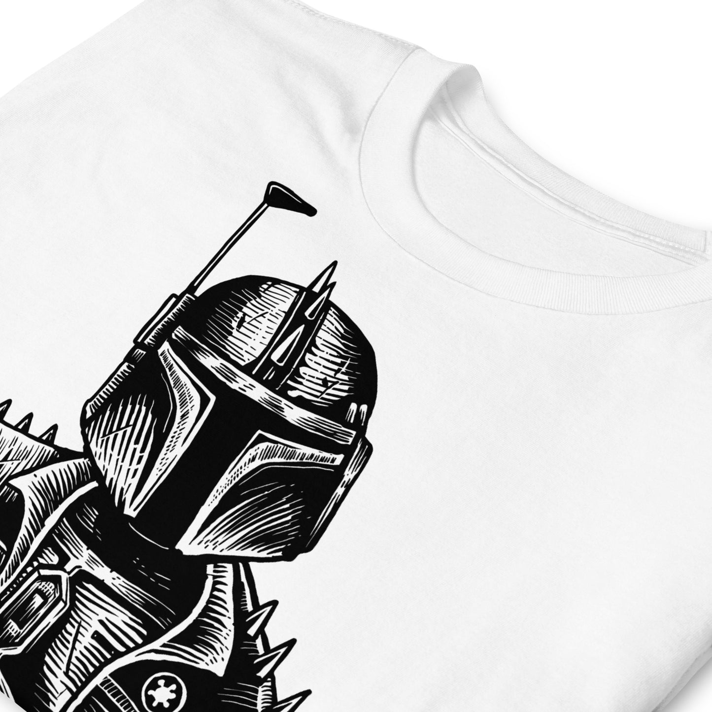 detalle de camiseta boba fett punk star wars siempre original urban en color blanco