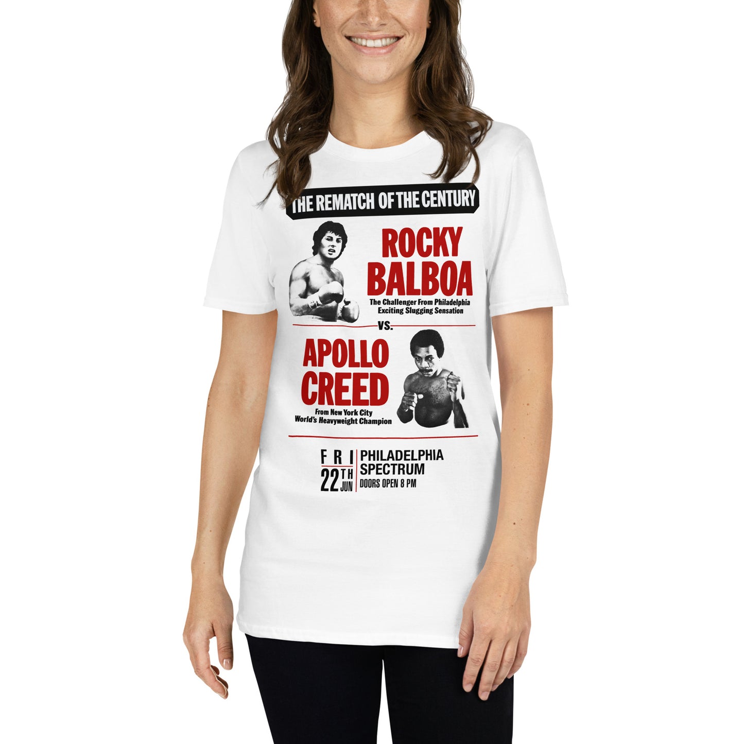 mujer con camiseta boxeo rocky balboa apollo creed blanca