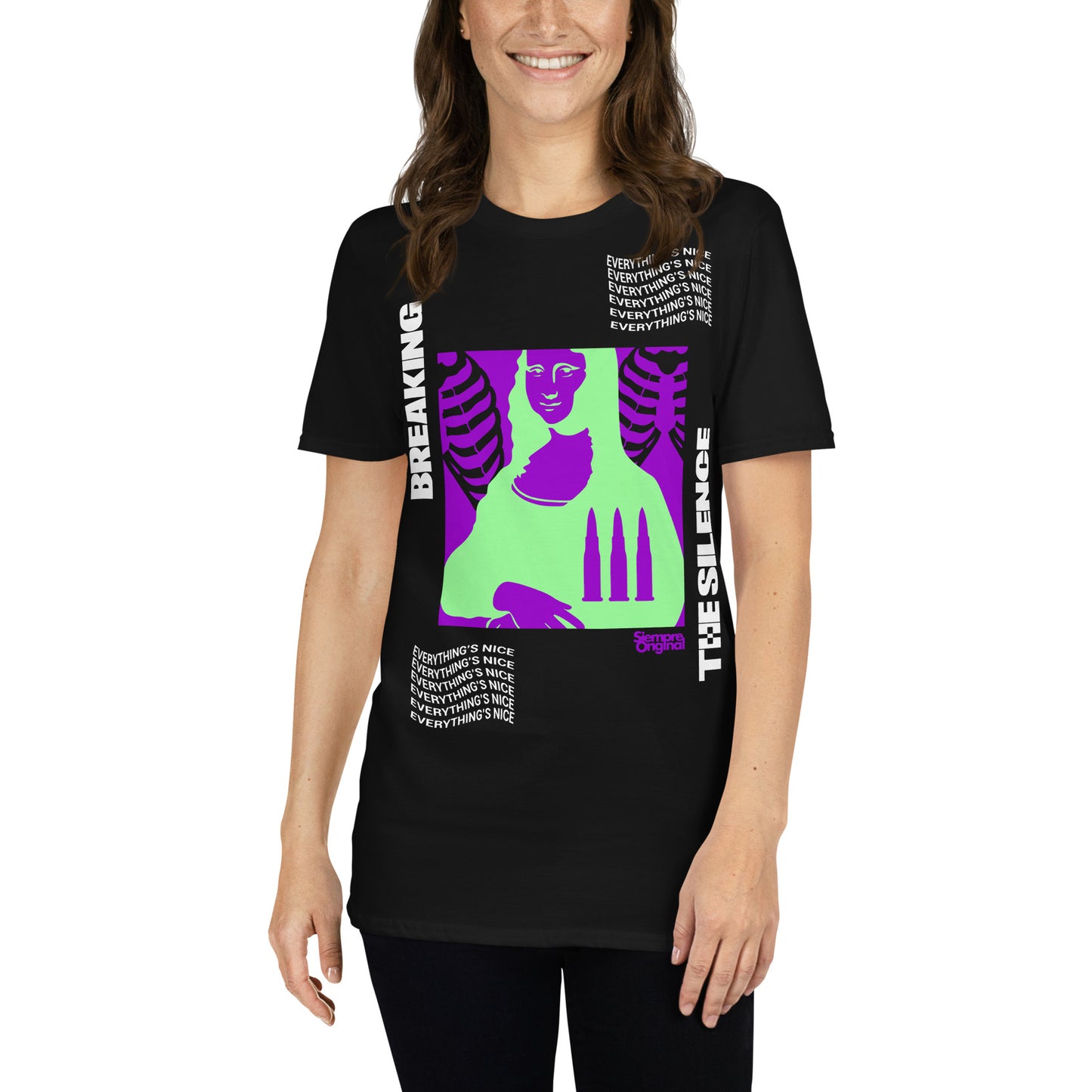 mujer con camiseta breaking the silence mona lisa la gioconda siempre original urban en color negro