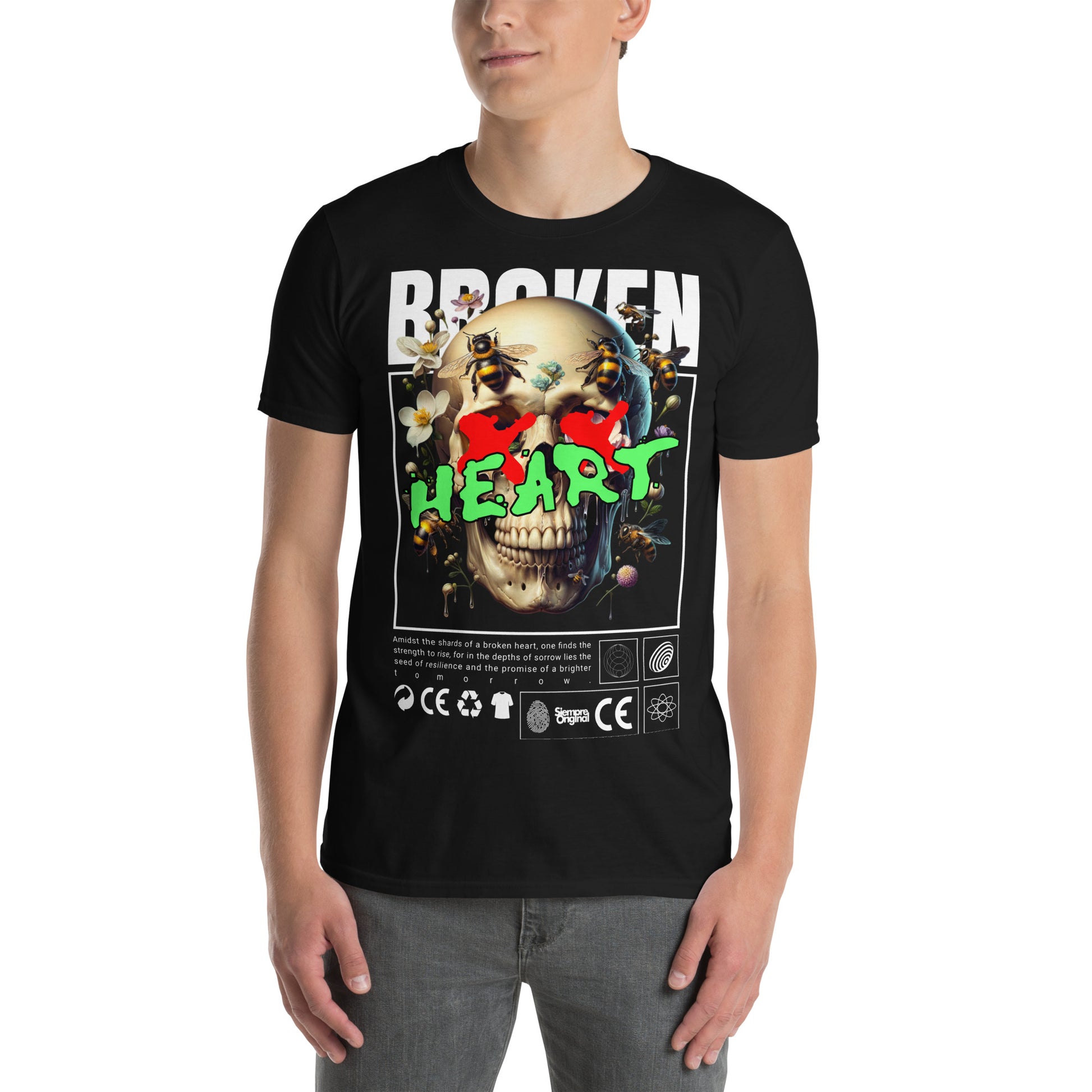 hombre con camiseta broken heart corazon roto siempre original skull en color negro