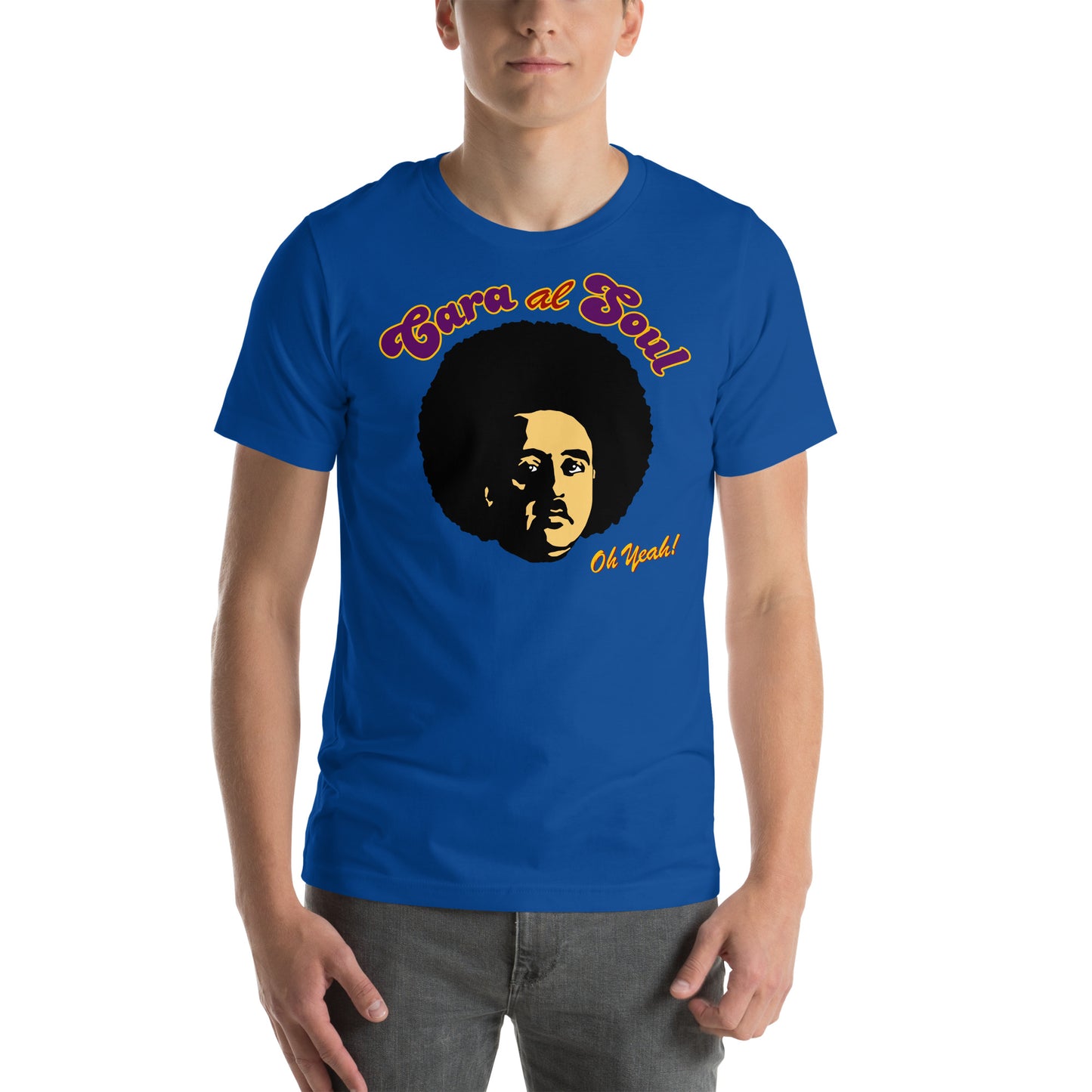 hombre con camiseta cara al soul sol francisco franco funk en color azul royal