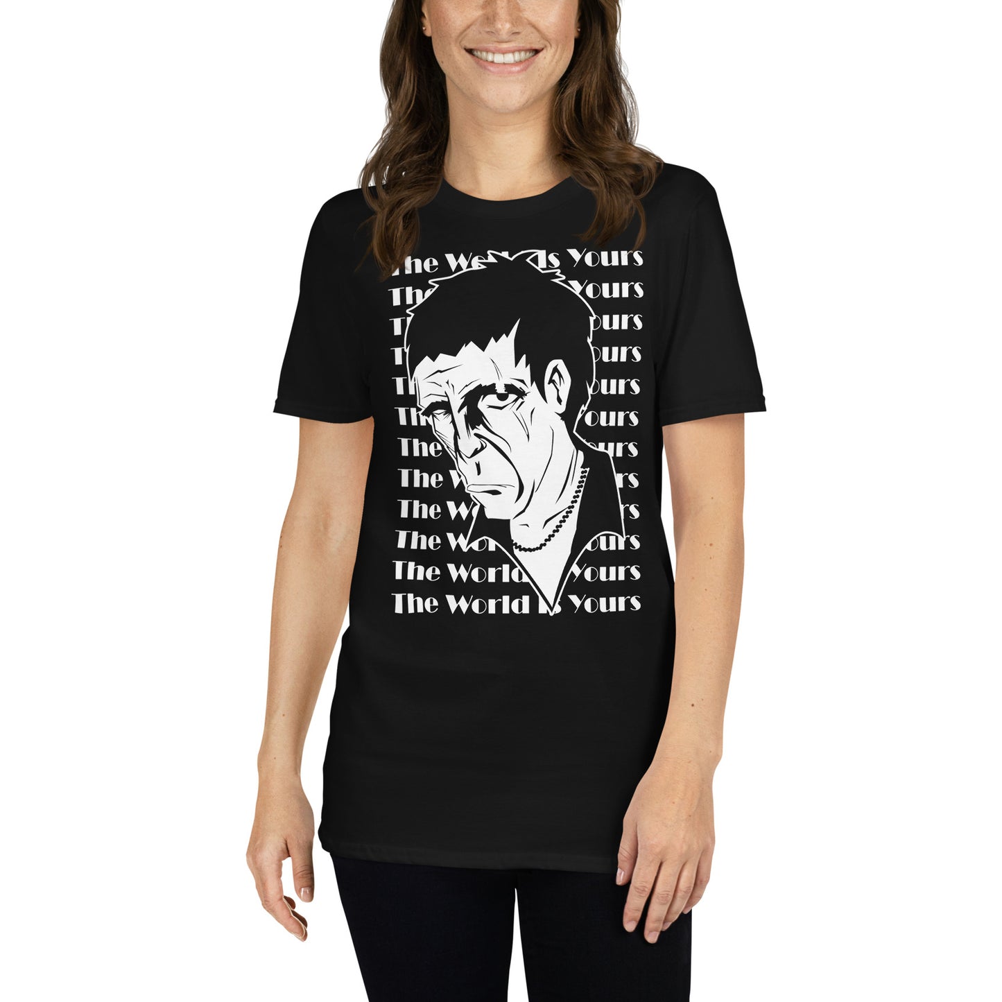 mujer con camiseta cara cortada the world is yours scarface negra