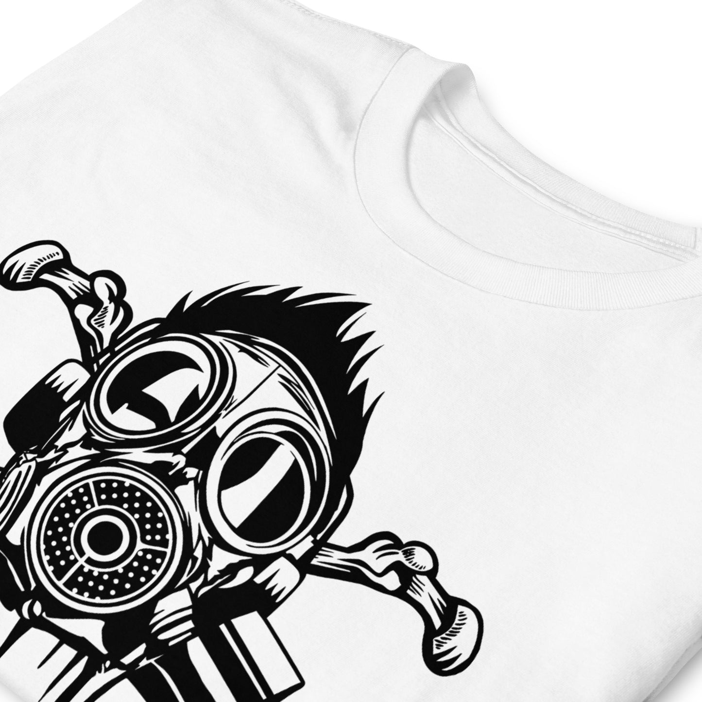 detalle de camiseta cross bones gasmask bandera pirata siempre original urban en color blanco