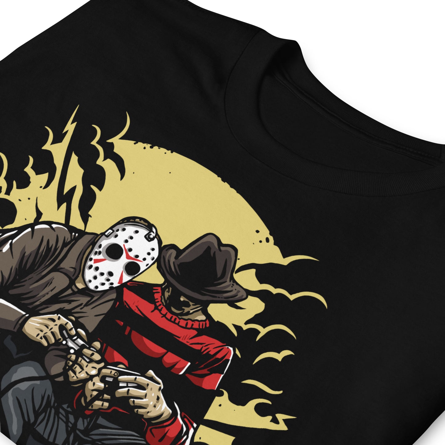 detalle de camiseta dark gamers freddy krueger jason voorhees siempre original urban en color negro