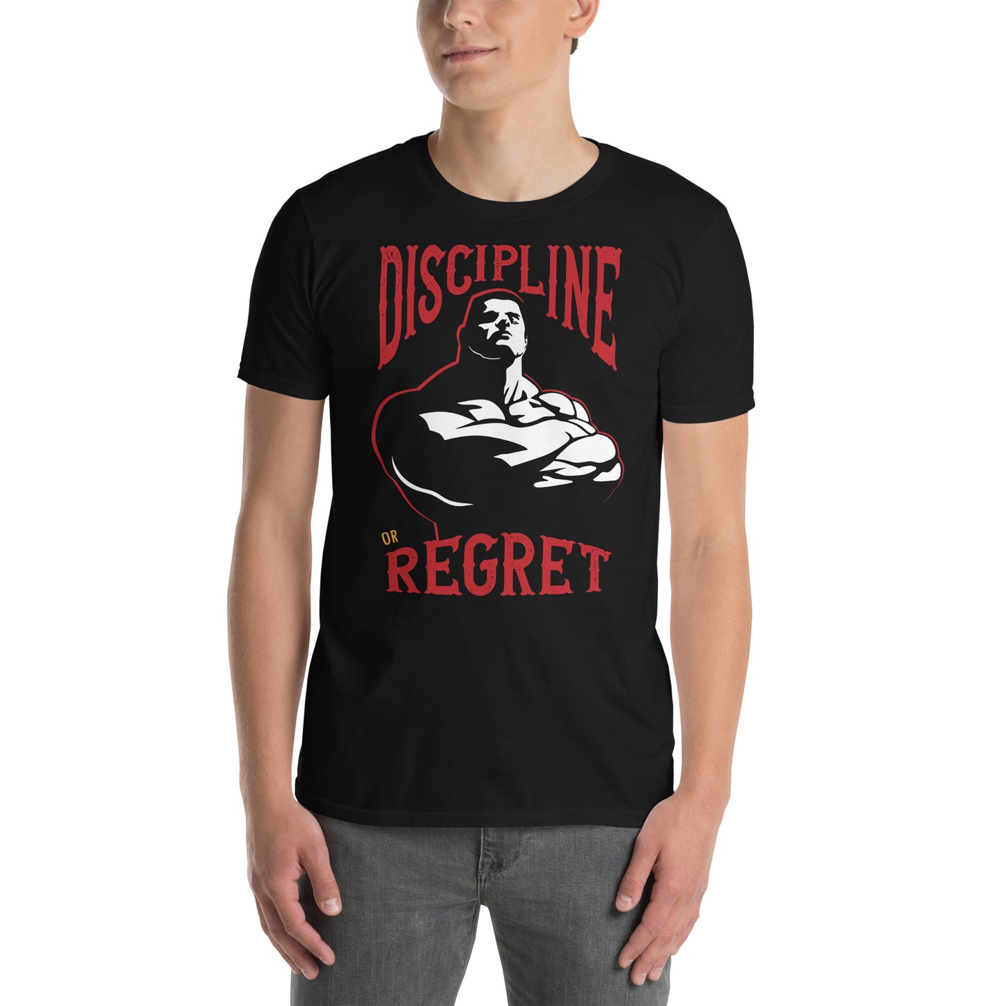 hombre con camiseta discipline or regret disciplina gym gimnasio fitness en color negro