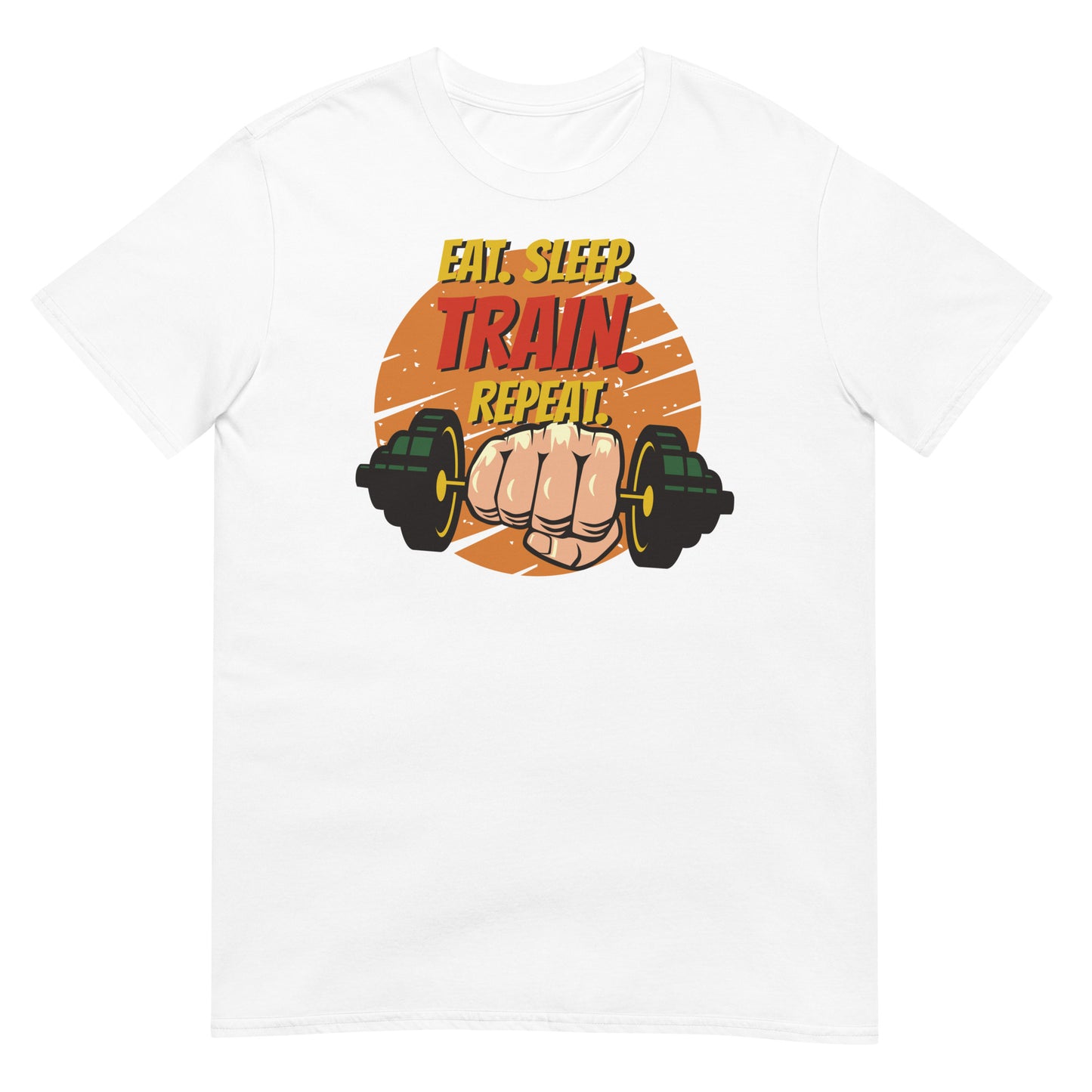 camiseta eat sleep train repeat gym gimnasio fitness en color blanco