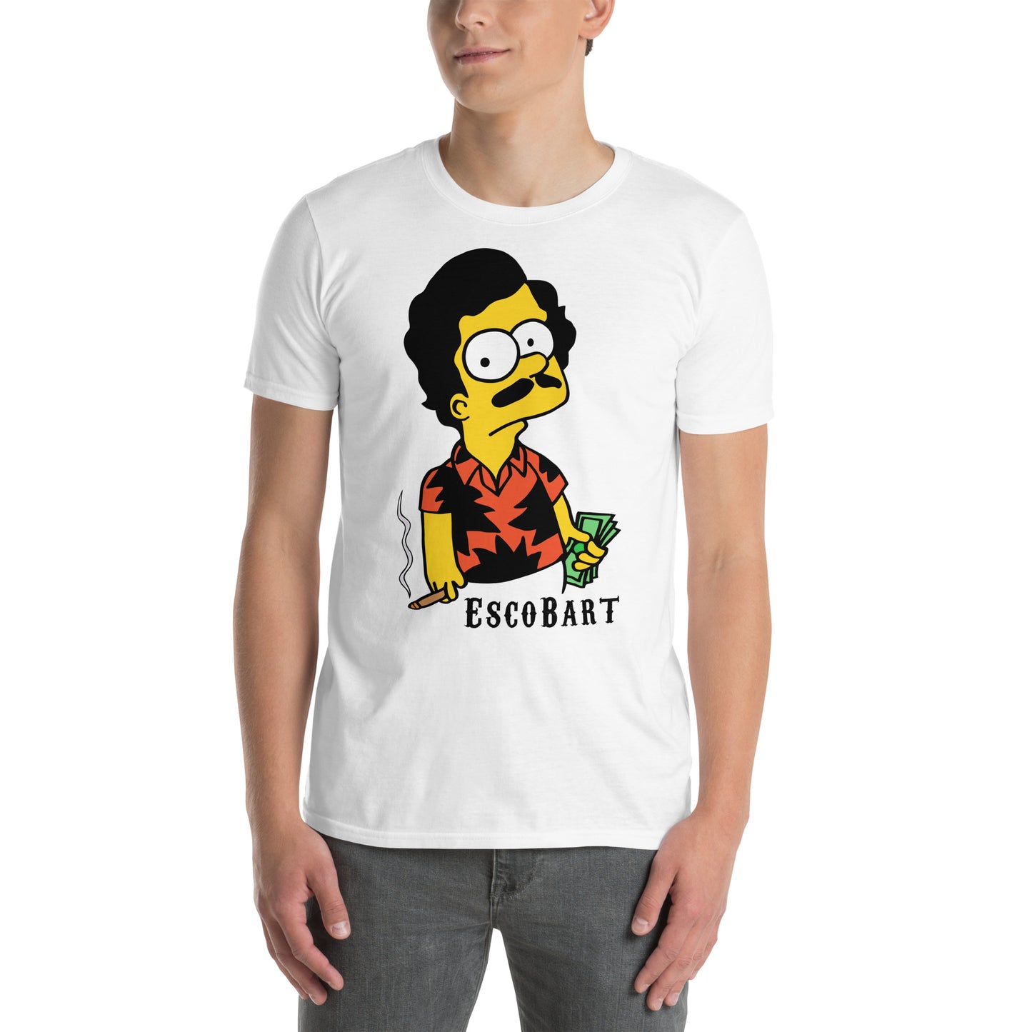 hombre con camiseta escobart bart simpson pablo escobar en color blanco