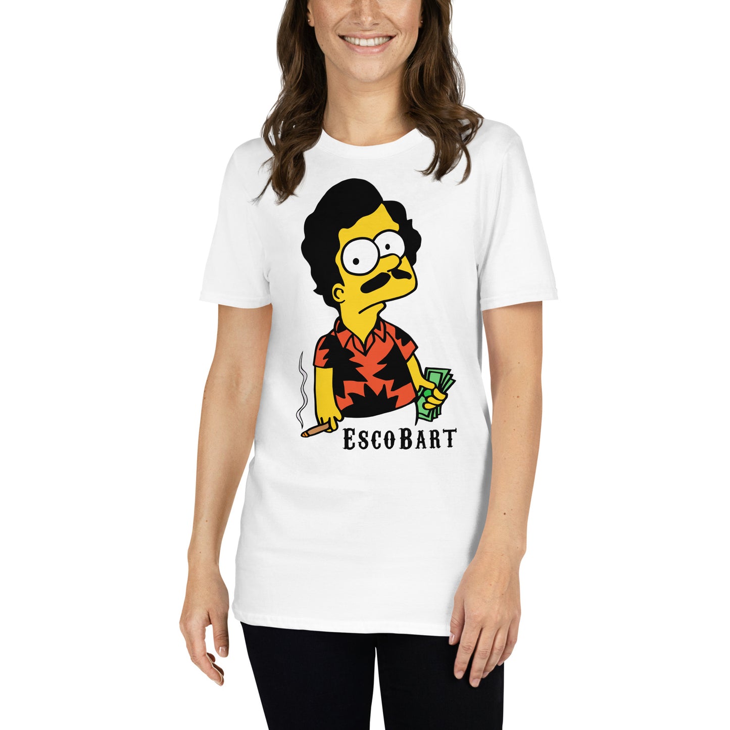 mujer con camiseta escobart bart simpson pablo escobar en color blanco