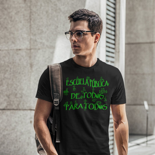 Hombre con camiseta negra Escuela pública de todos para todos de la Marea Verde
