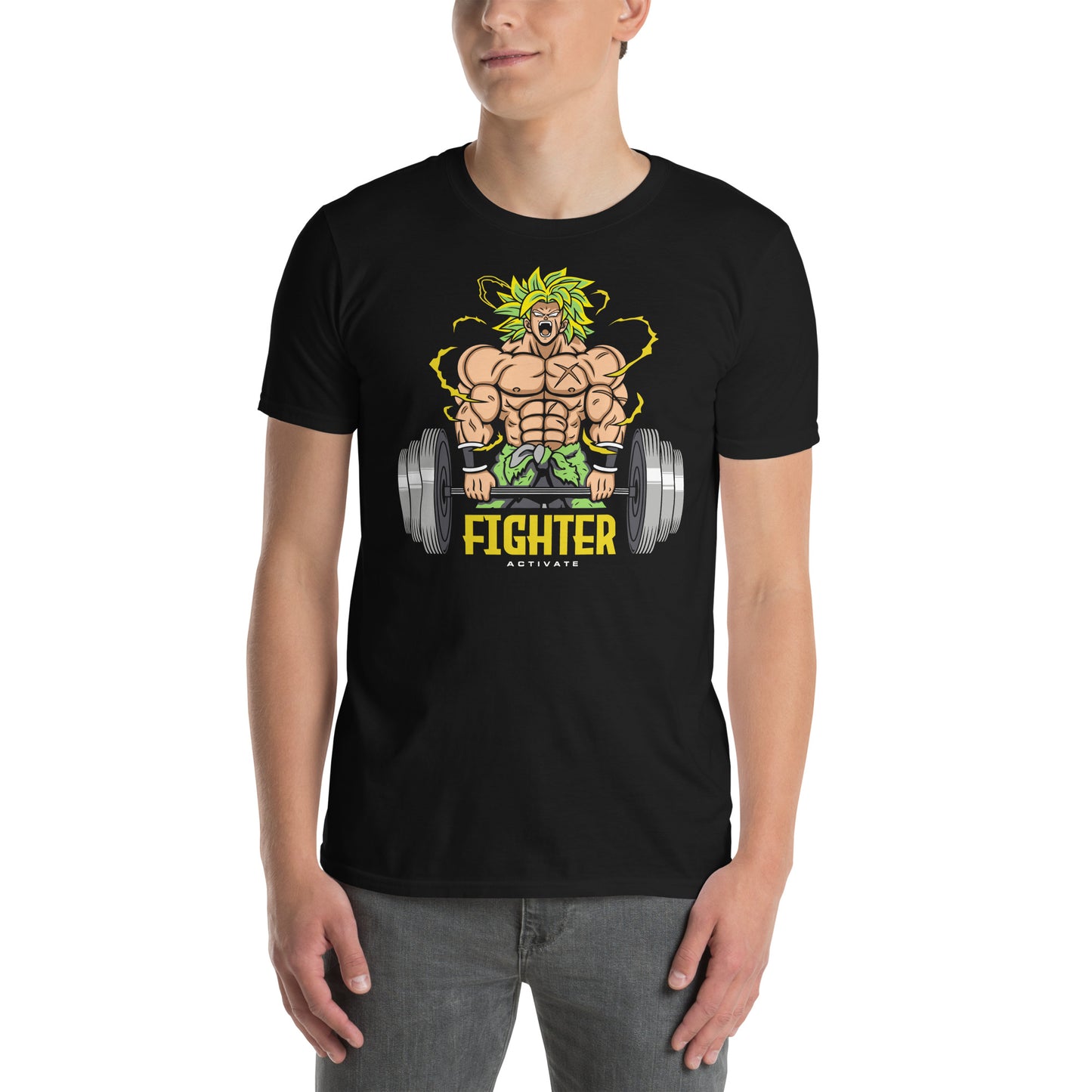 hombre con camiseta fighter activate luchador gym gimnasio fitness en color negro