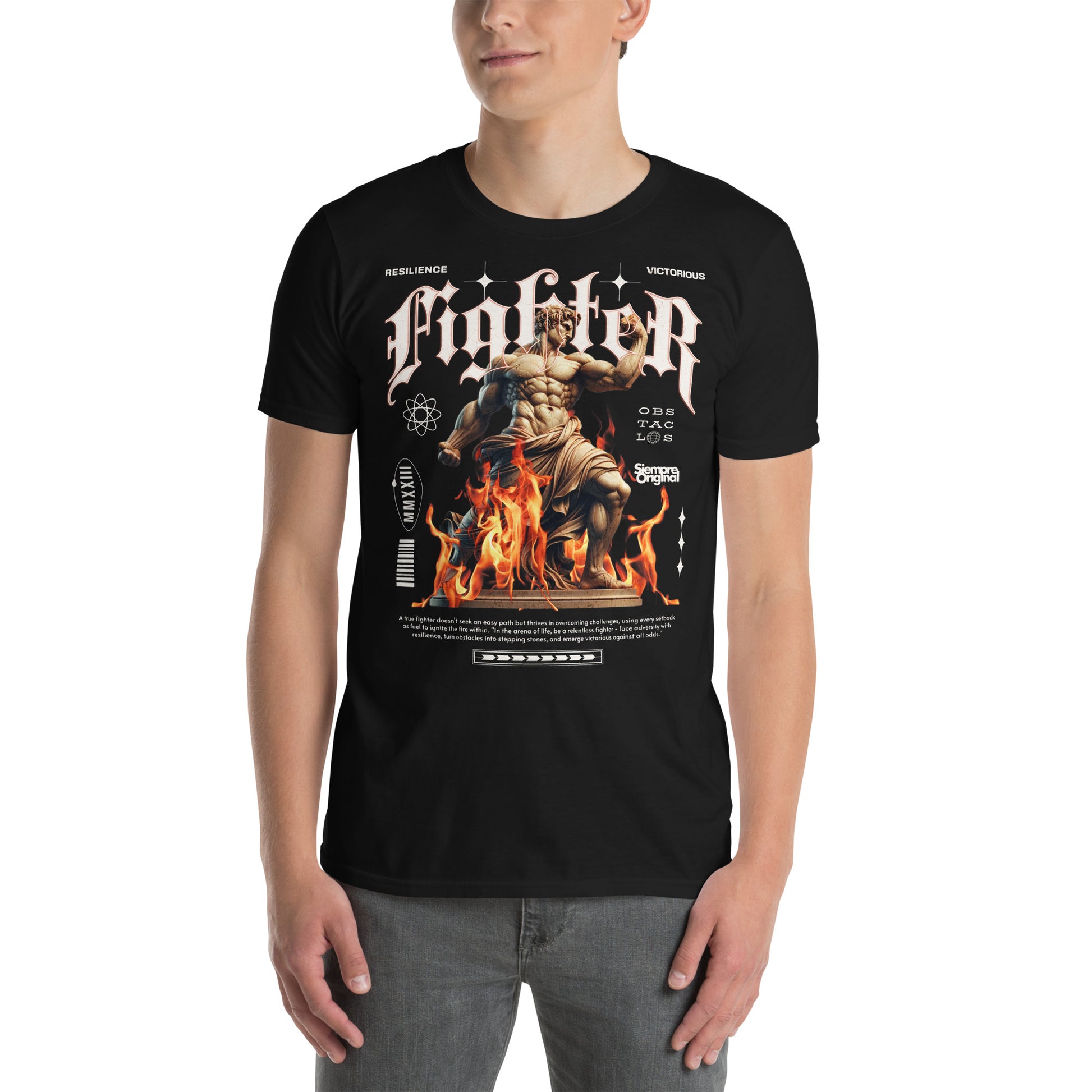 hombre con camiseta fighter dios siempre original urban en color negro