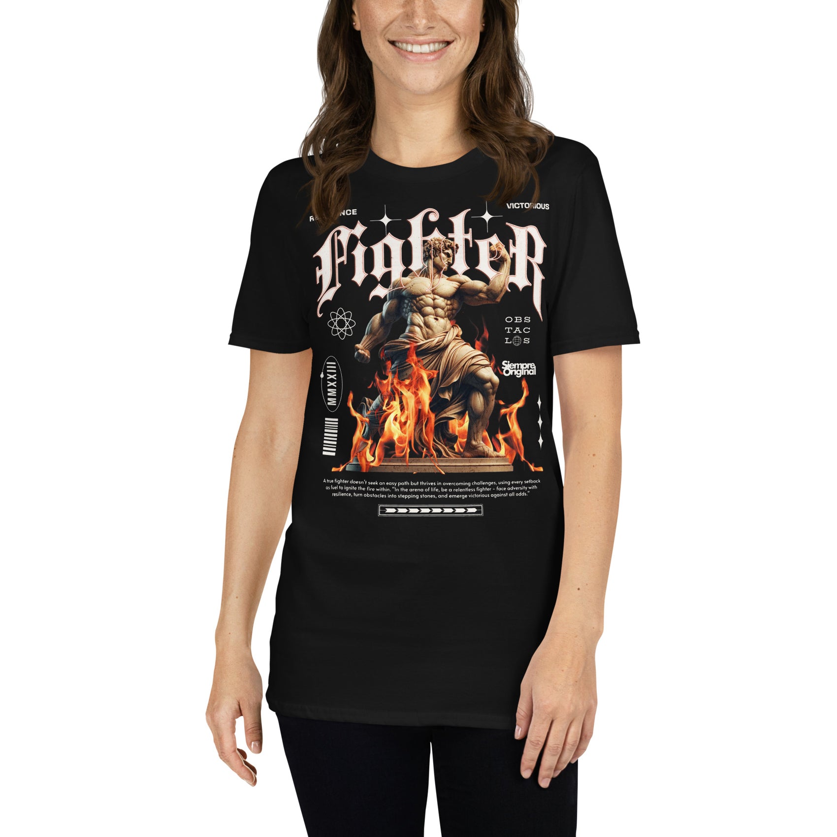 mujer con camiseta fighter dios siempre original urban en color negro