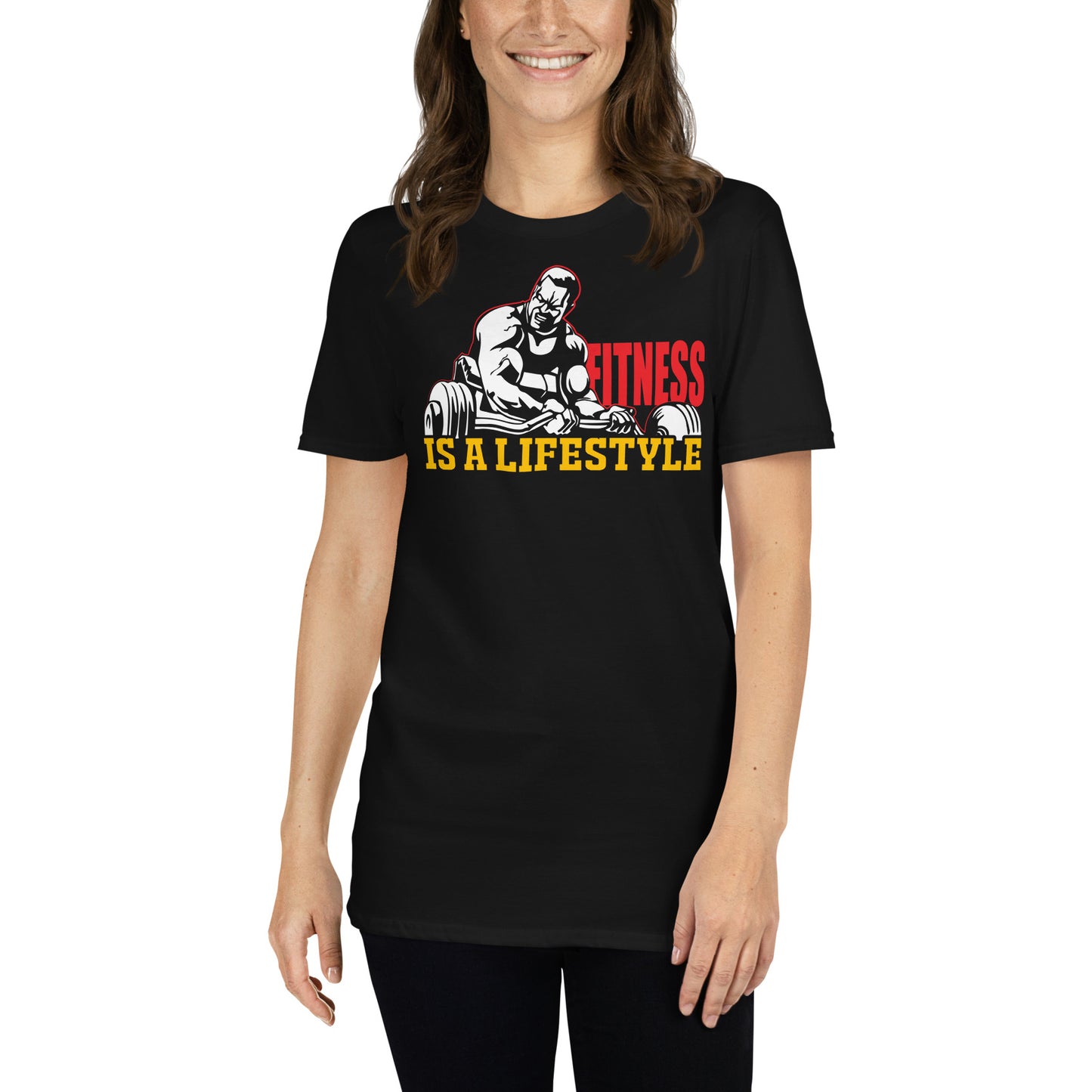 mujer con camiseta fitness is a lifestyle gym gimnasio en color negro