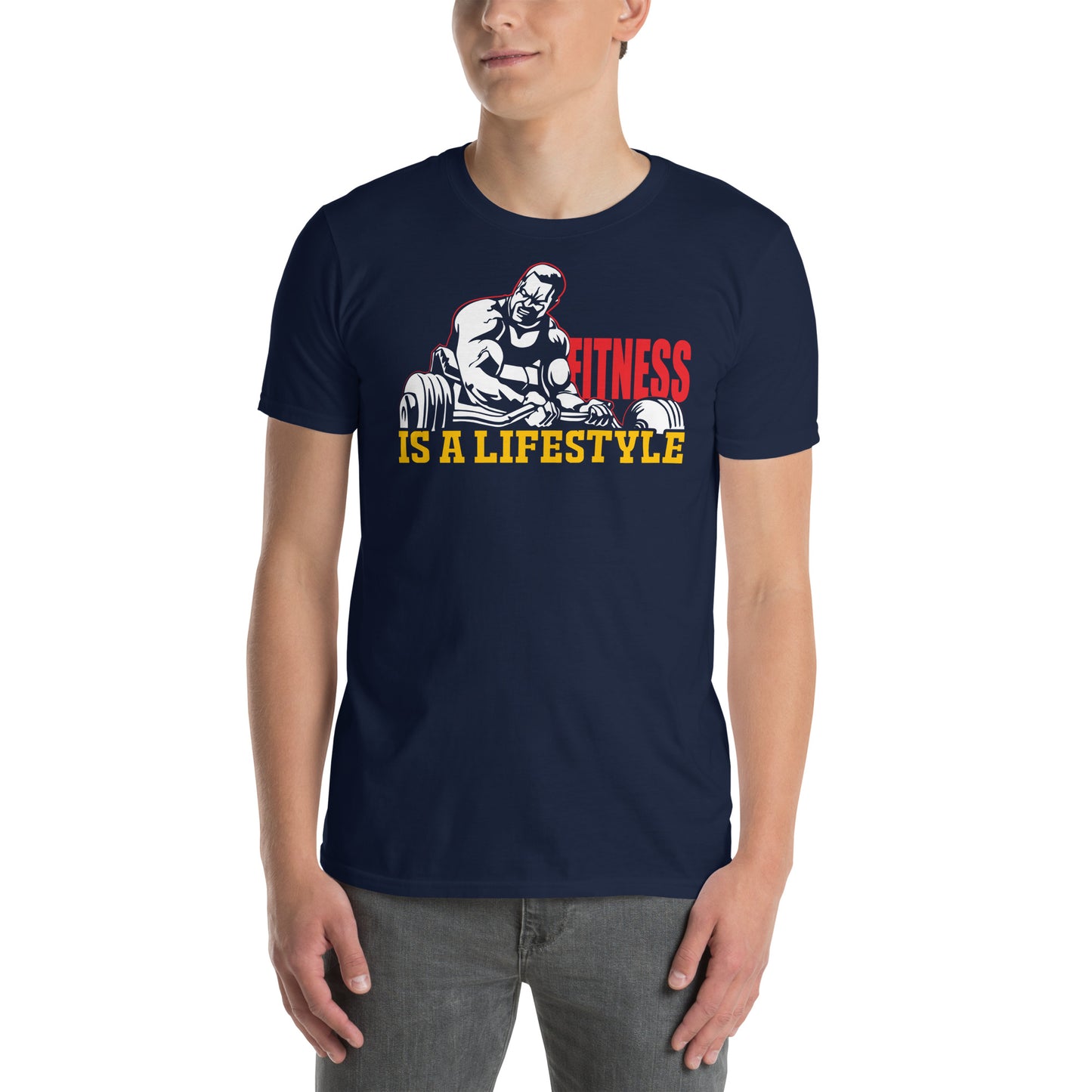 hombre con camiseta fitness is a lifestyle gym gimnasio en color azul marino