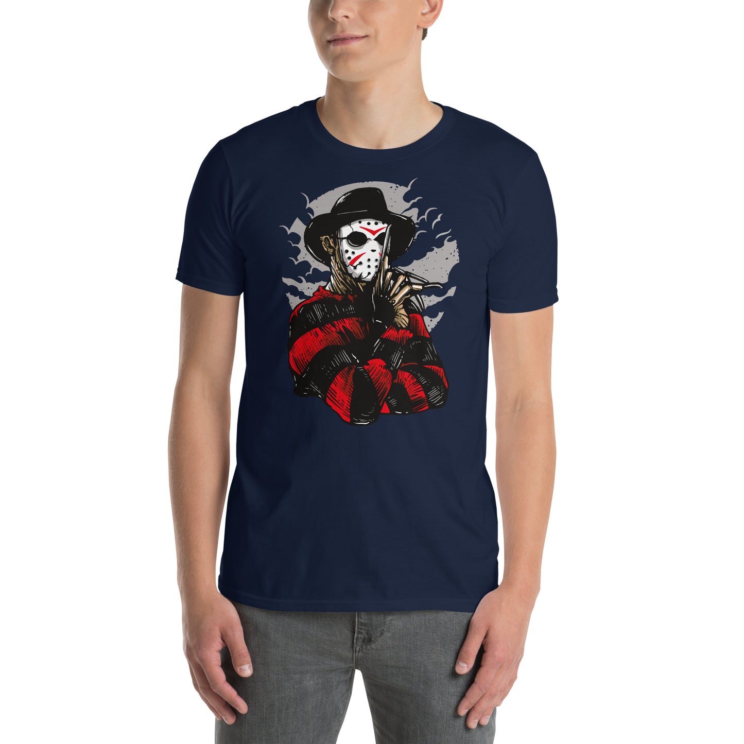 hombre con camiseta freddy krueger con mascara de jason voorhes en color azul marino