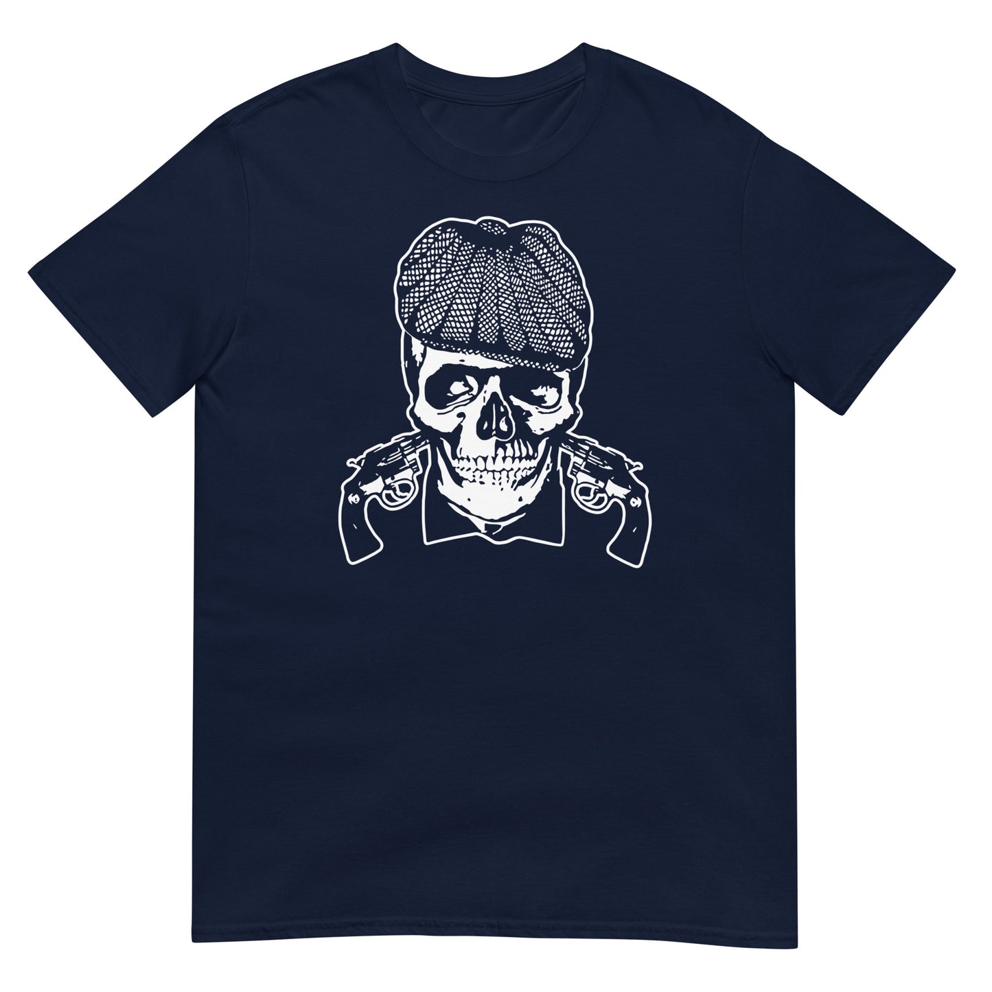 mujer con camiseta gangster calavera azul marino