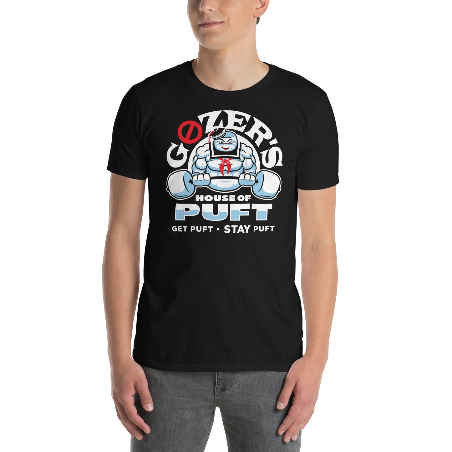 hombre con camiseta gozers house of puft los cazafantasmas gym gimnasio fitness en color negro