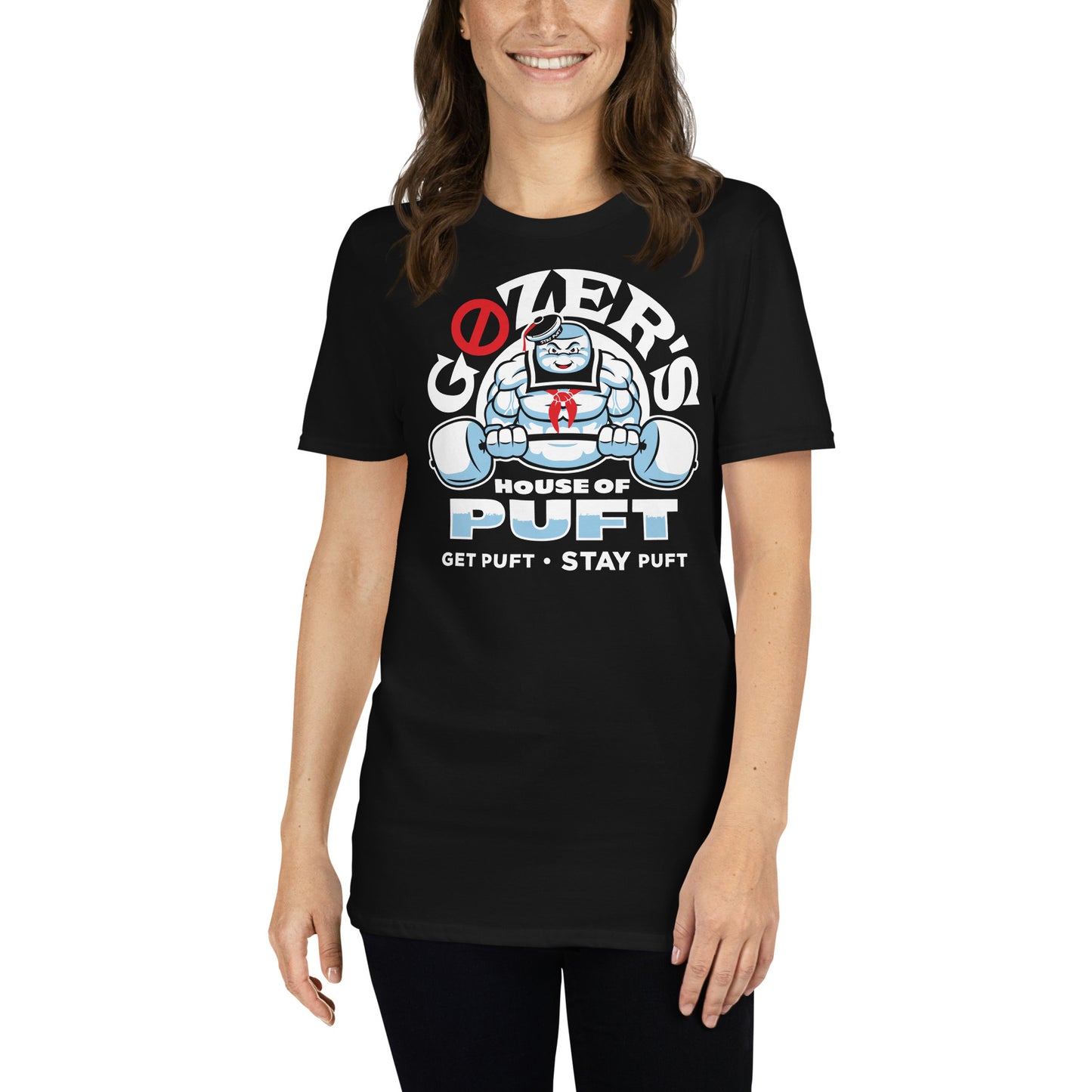 mujer con camiseta gozers house of puft los cazafantasmas gym gimnasio fitness en color negro