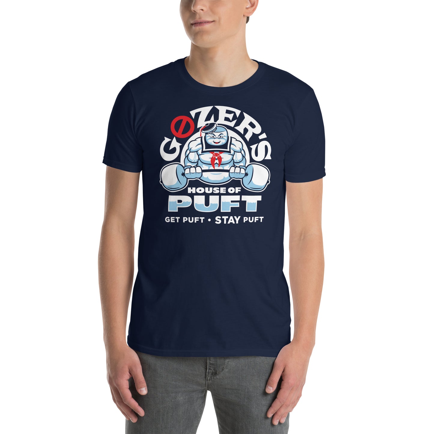 hombre con camiseta gozers house of puft los cazafantasmas gym gimnasio fitness en color azul marino