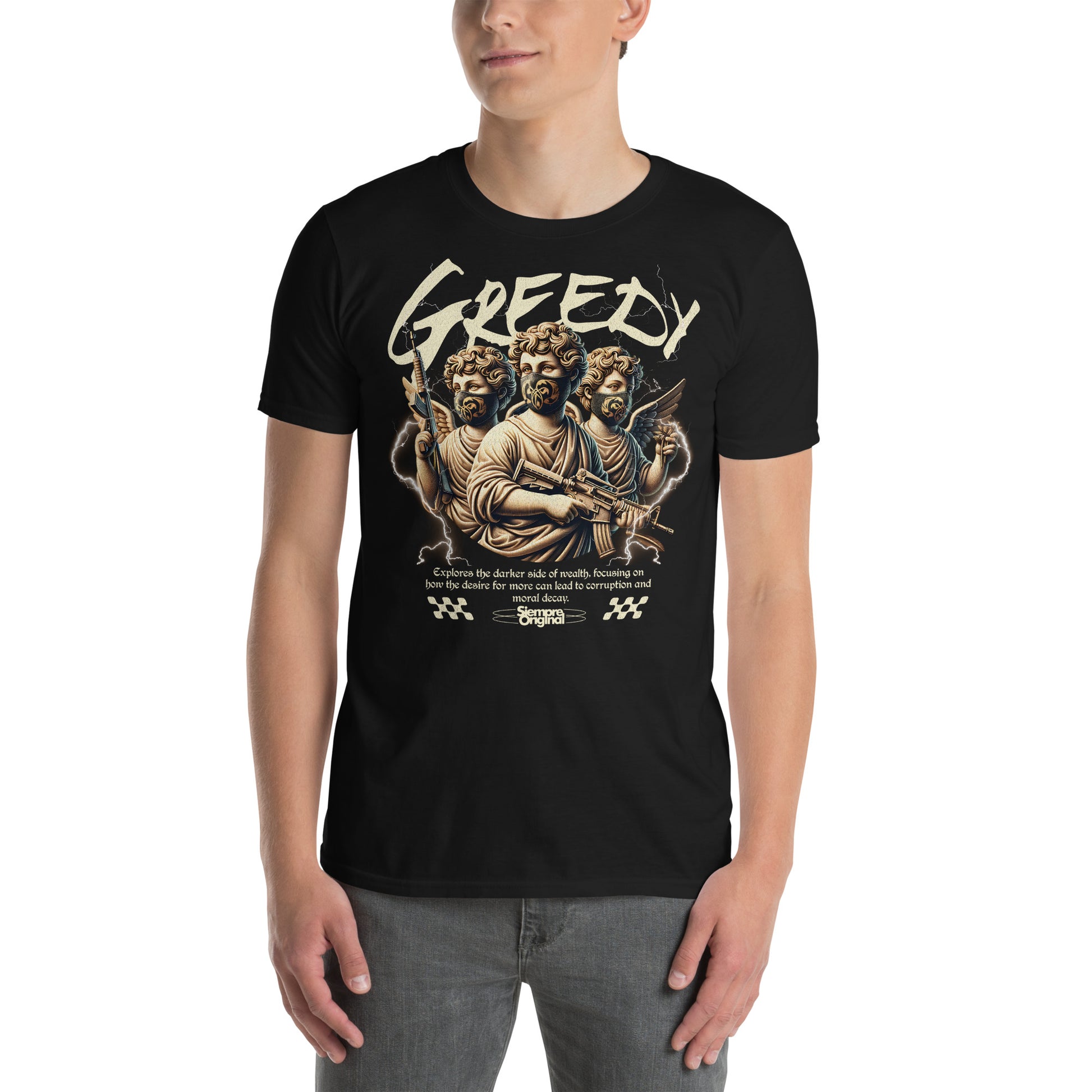 hombre con camiseta greedy codicioso angeles siempre original urban en color negro