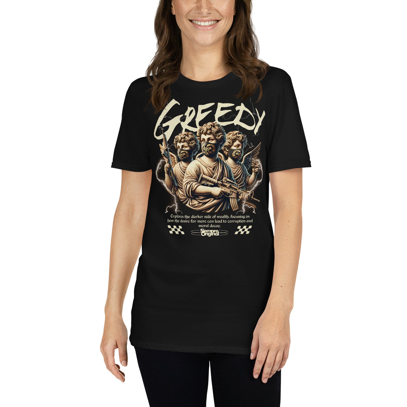 mujer con camiseta greedy codicioso angeles siempre original urban en color negro