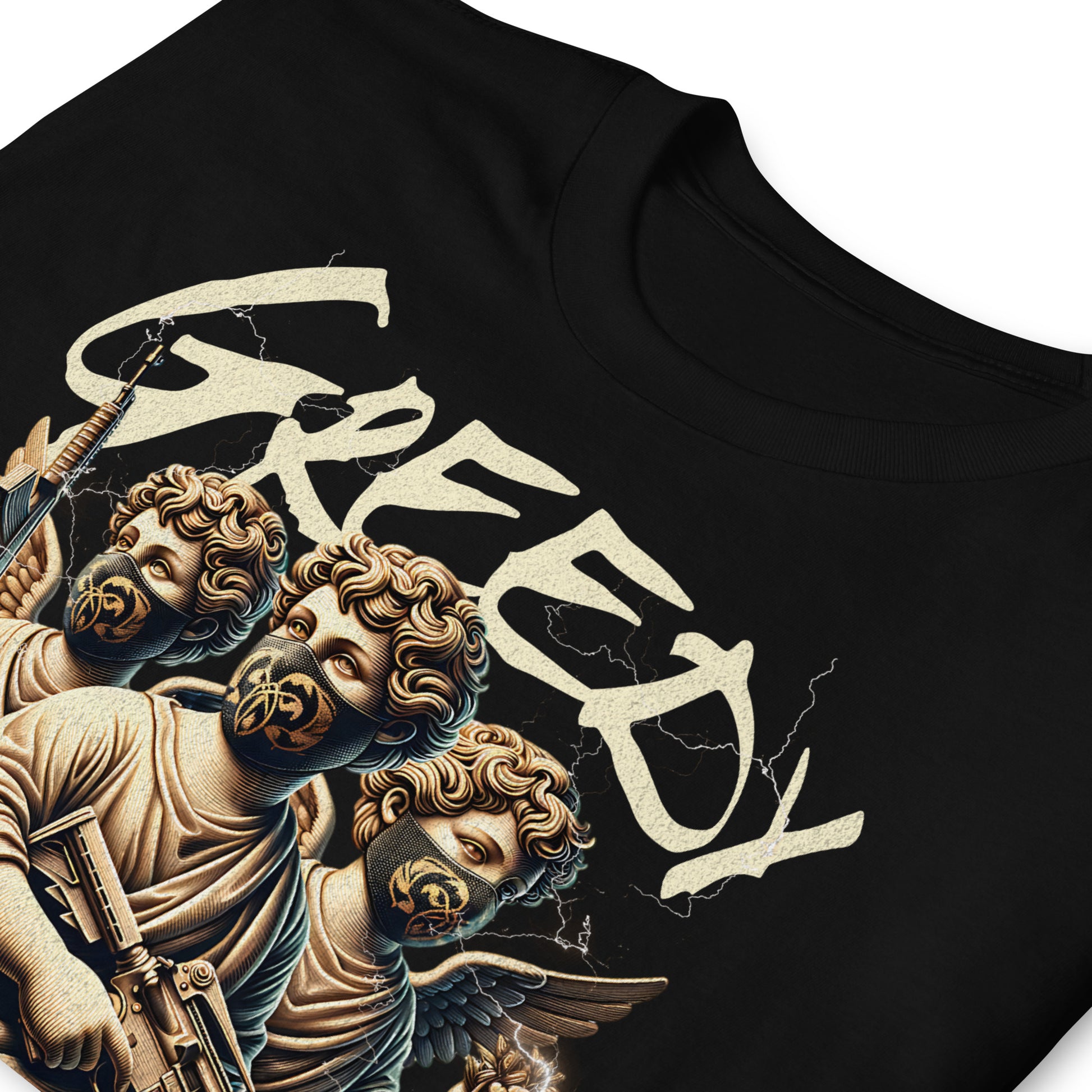 detalle de camiseta greedy codicioso angeles siempre original urban en color negro