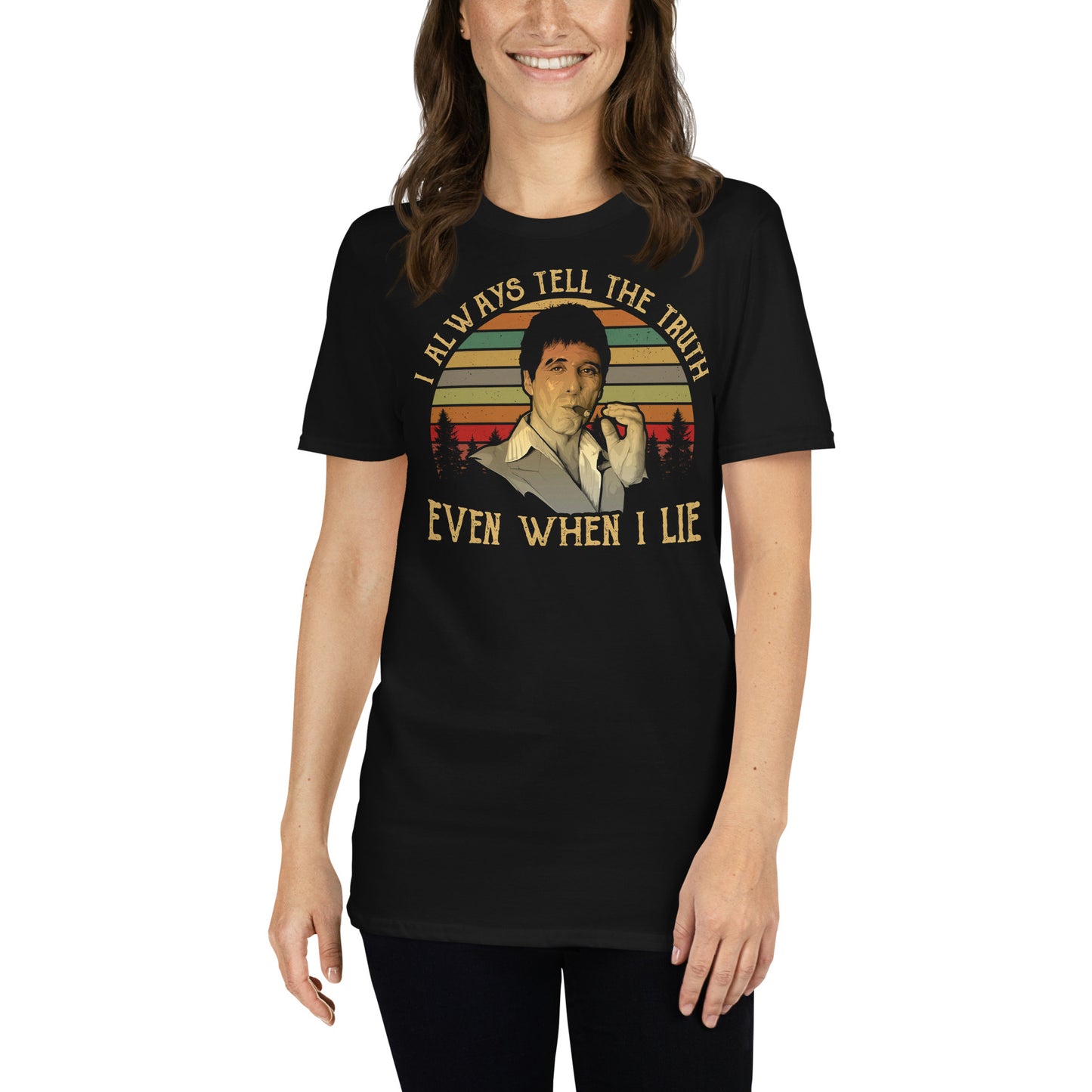 mujer con camiseta i always tell the truth scarface negra