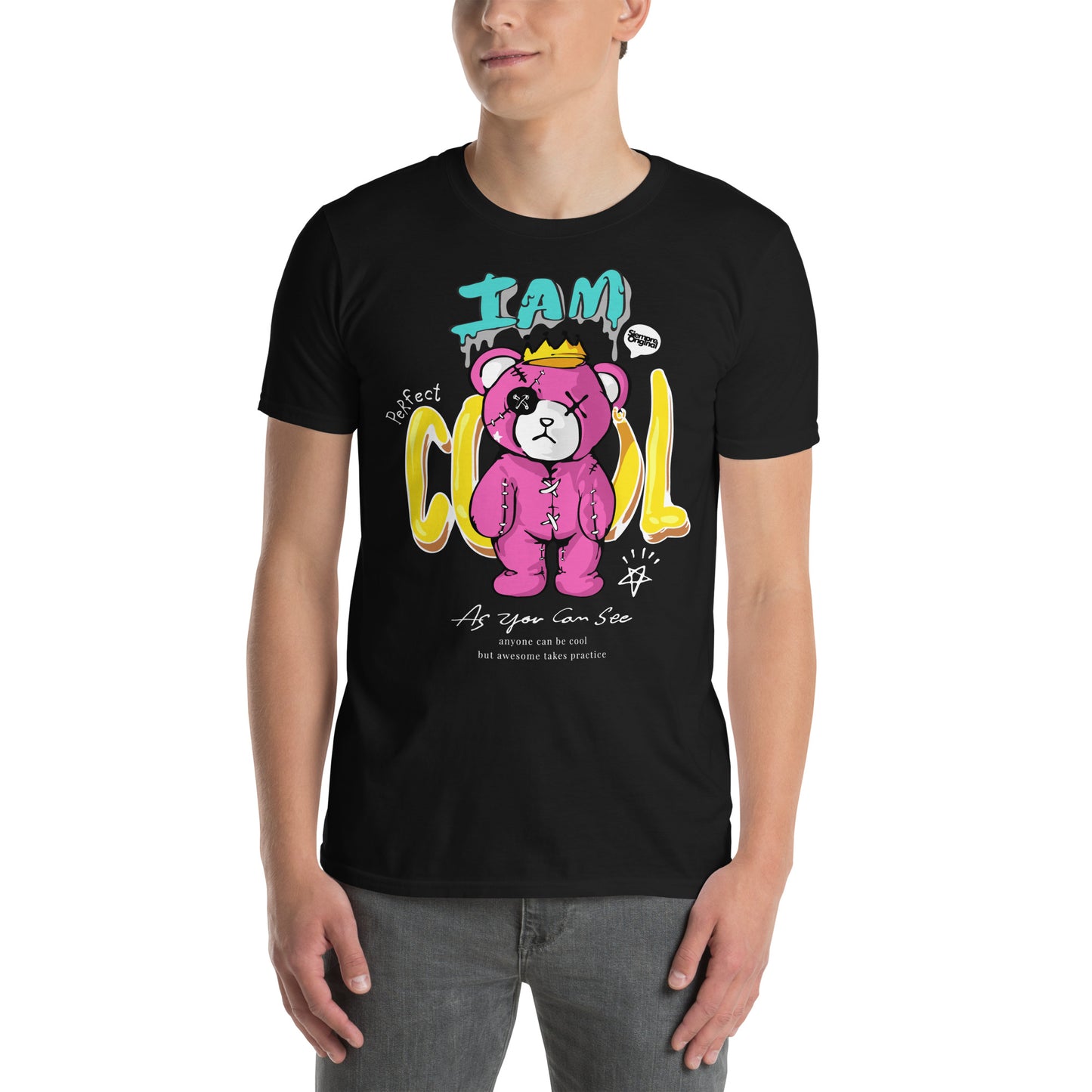 hombre con camiseta i am cool teddy bear siempre original urban en color negro