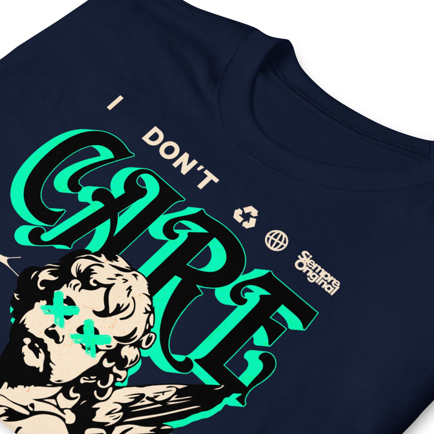 detalle de camiseta i dont care angel siempre original urban en color azul marino