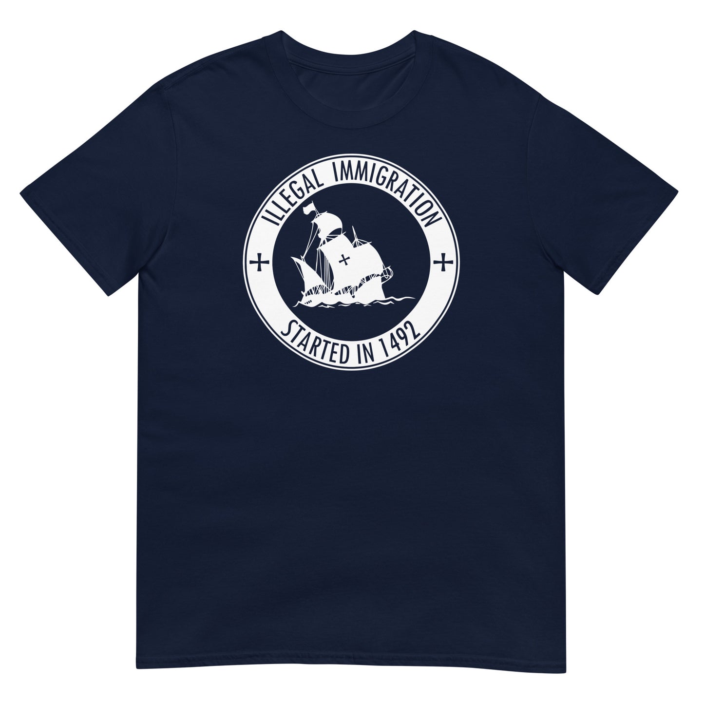 camiseta illegal immigration started in 1492 azul marino