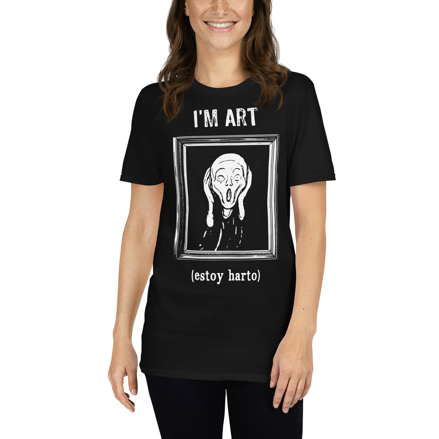 mujer con camiseta im art estoy harto el grito munch en color negro