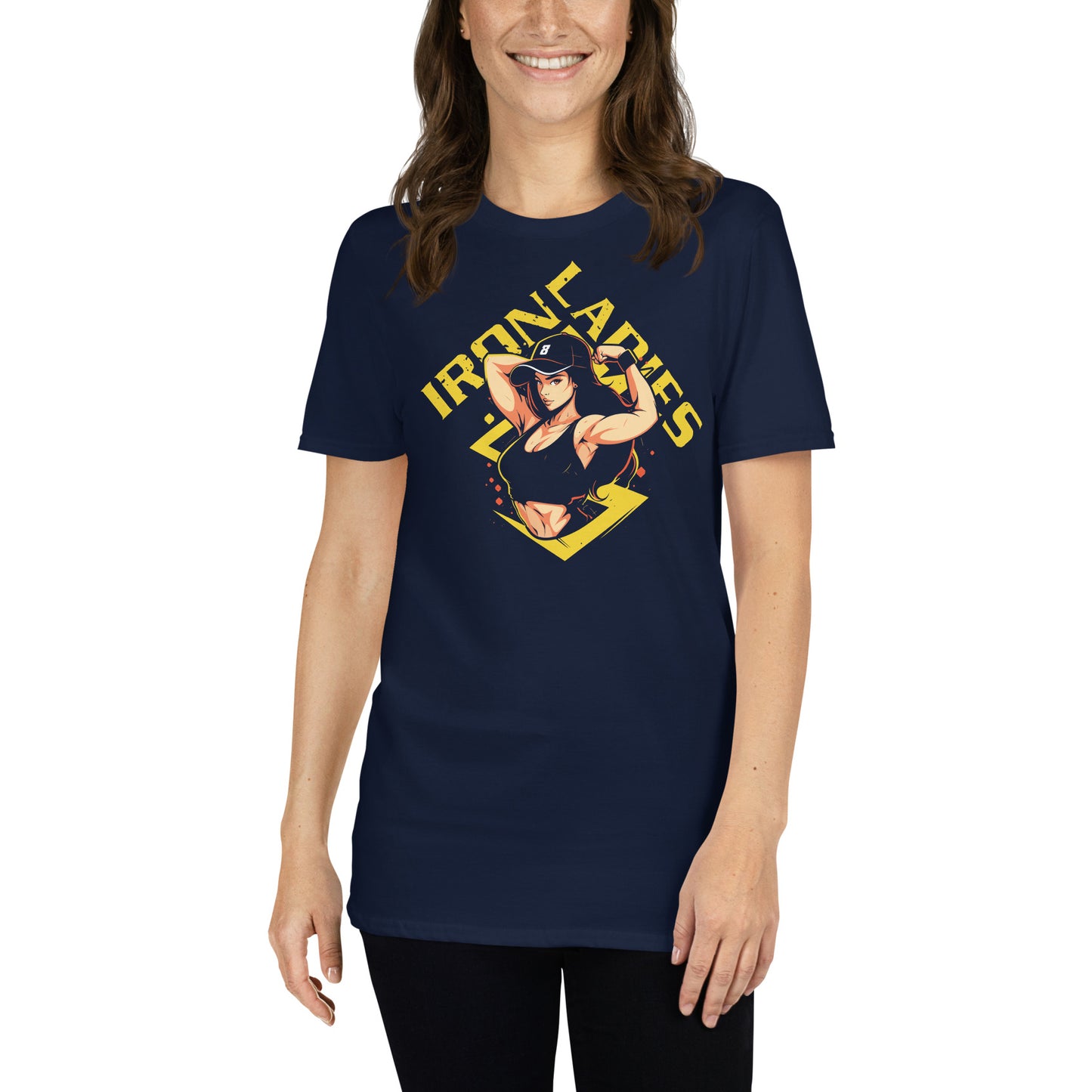 mujer con camiseta iron ladies gym gimnasio fitness en color azul marino