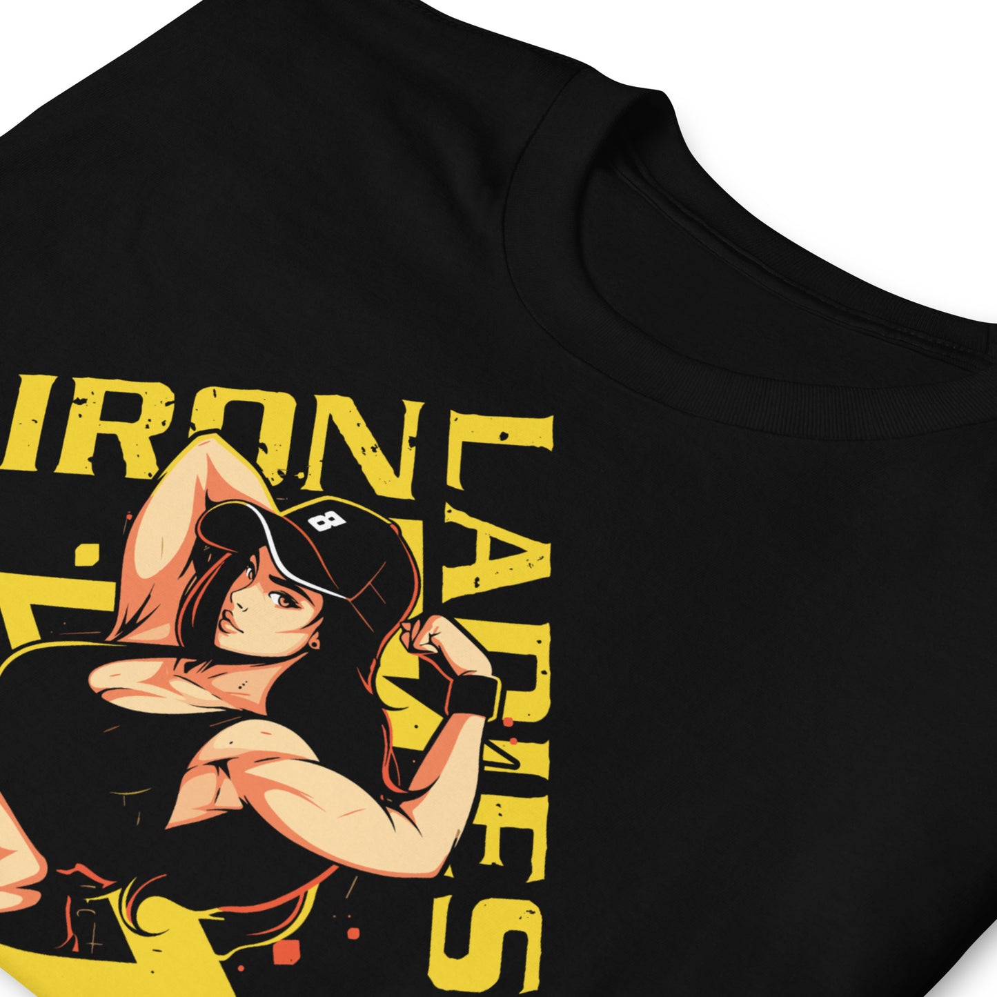 detalle de camiseta iron ladies gym gimnasio fitness en color negro