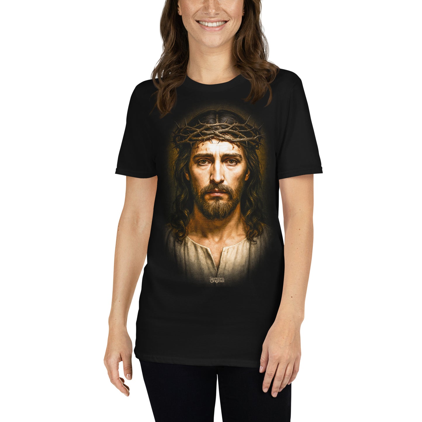 mujer con camiseta jesus mirada de fe en color negro