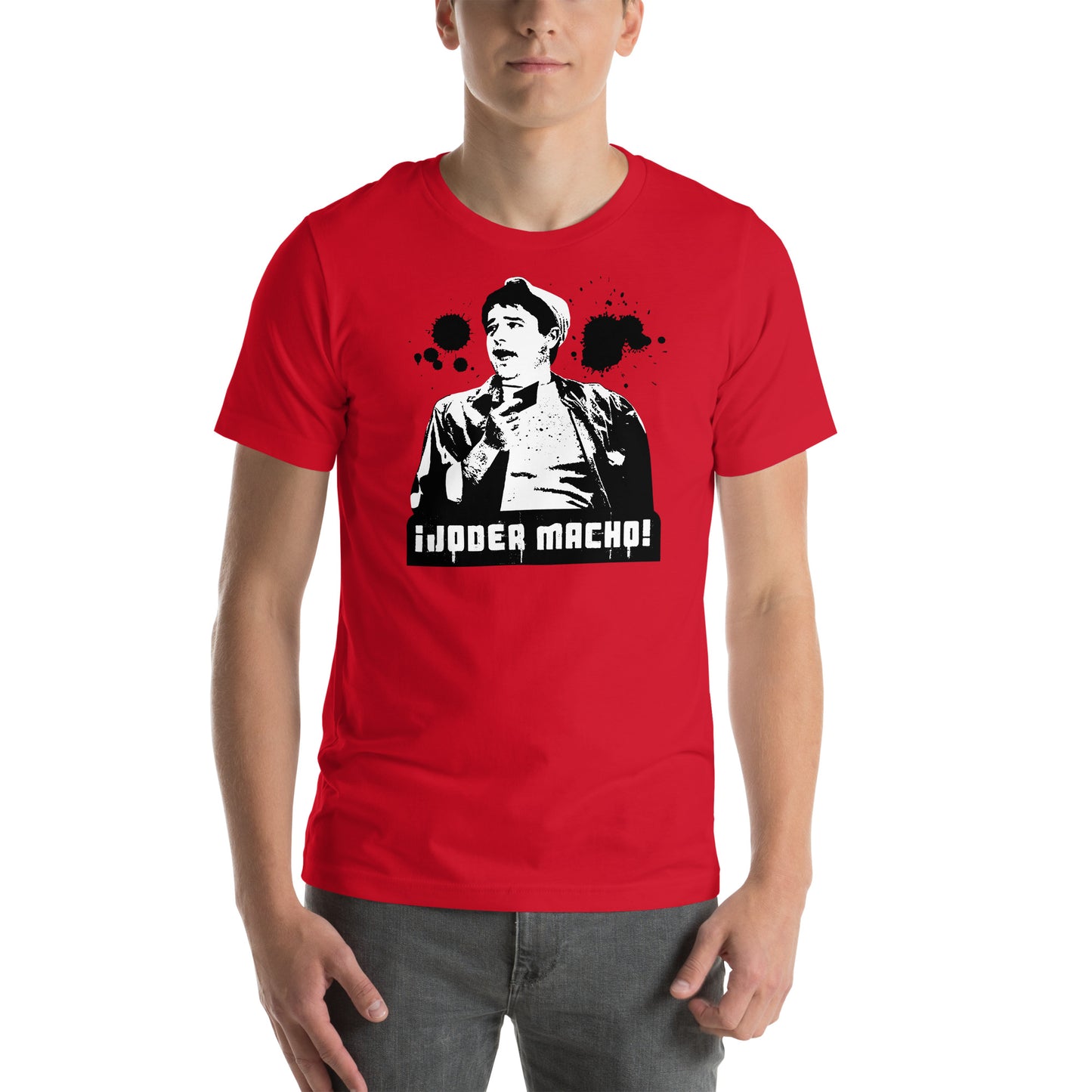 hombre con camiseta joder macho benito manos a la obra manolo en color rojo