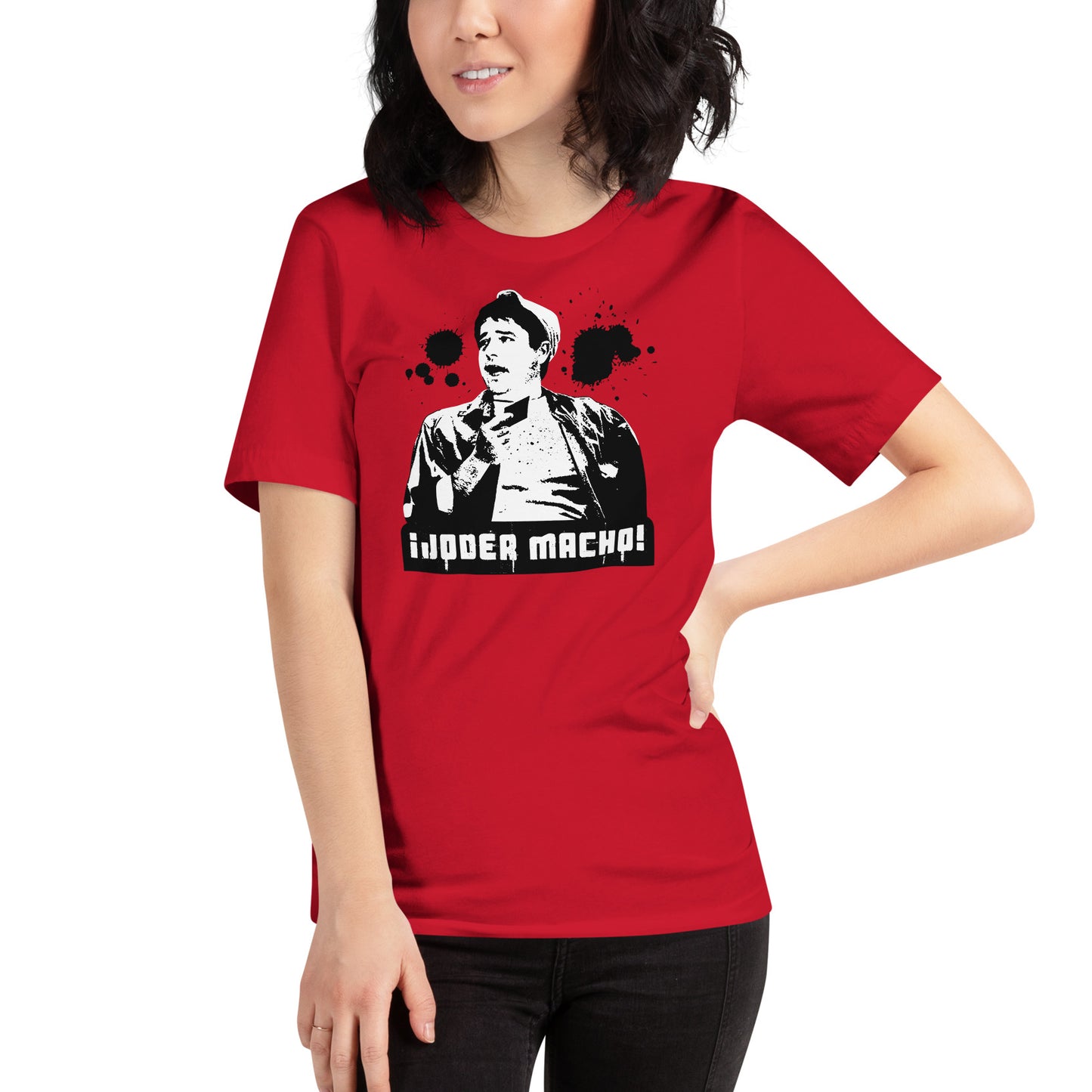 mujer con camiseta joder macho benito manos a la obra manolo en color rojo