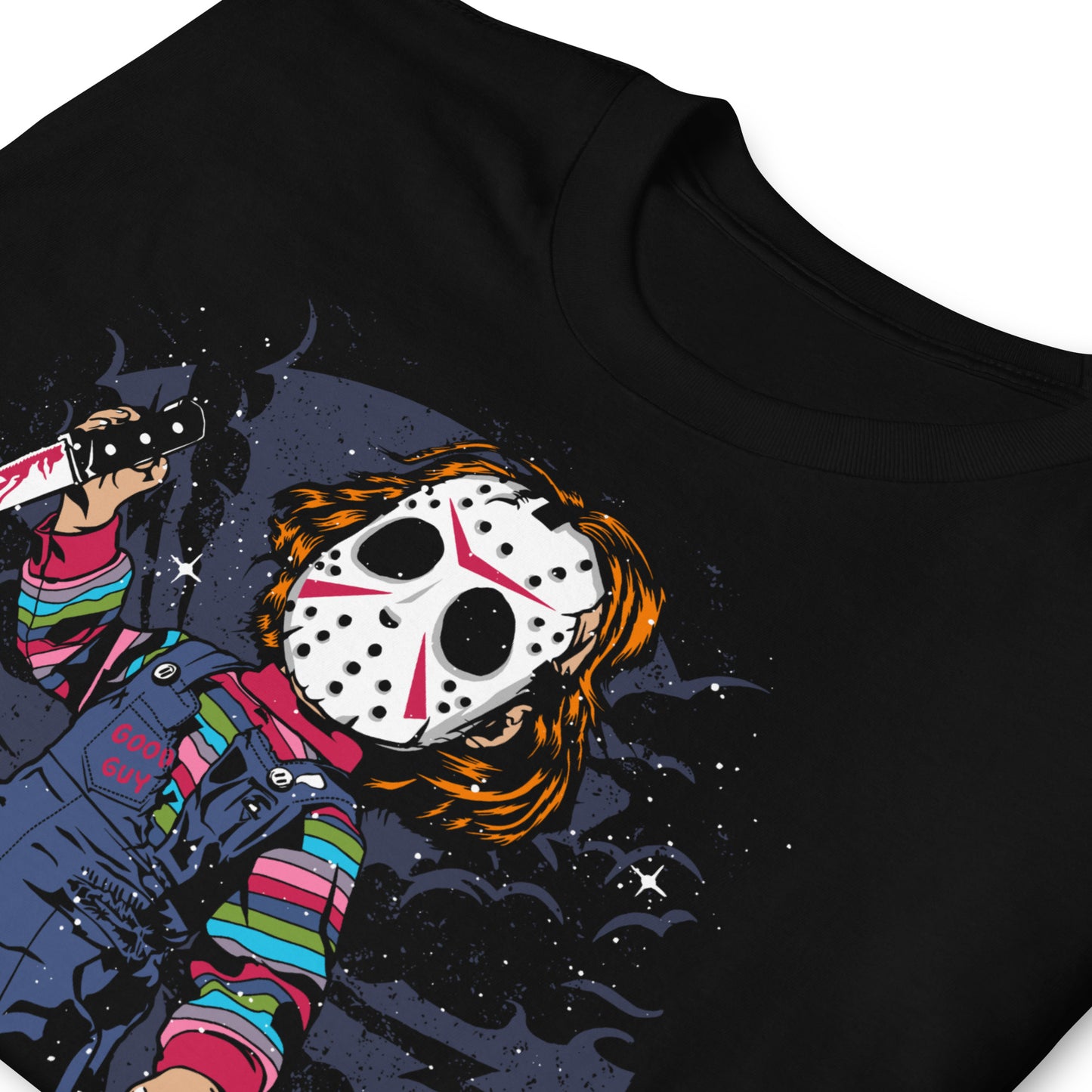 detalle de camiseta lil psycho chucky jason voorhees siempre original urban en color negro