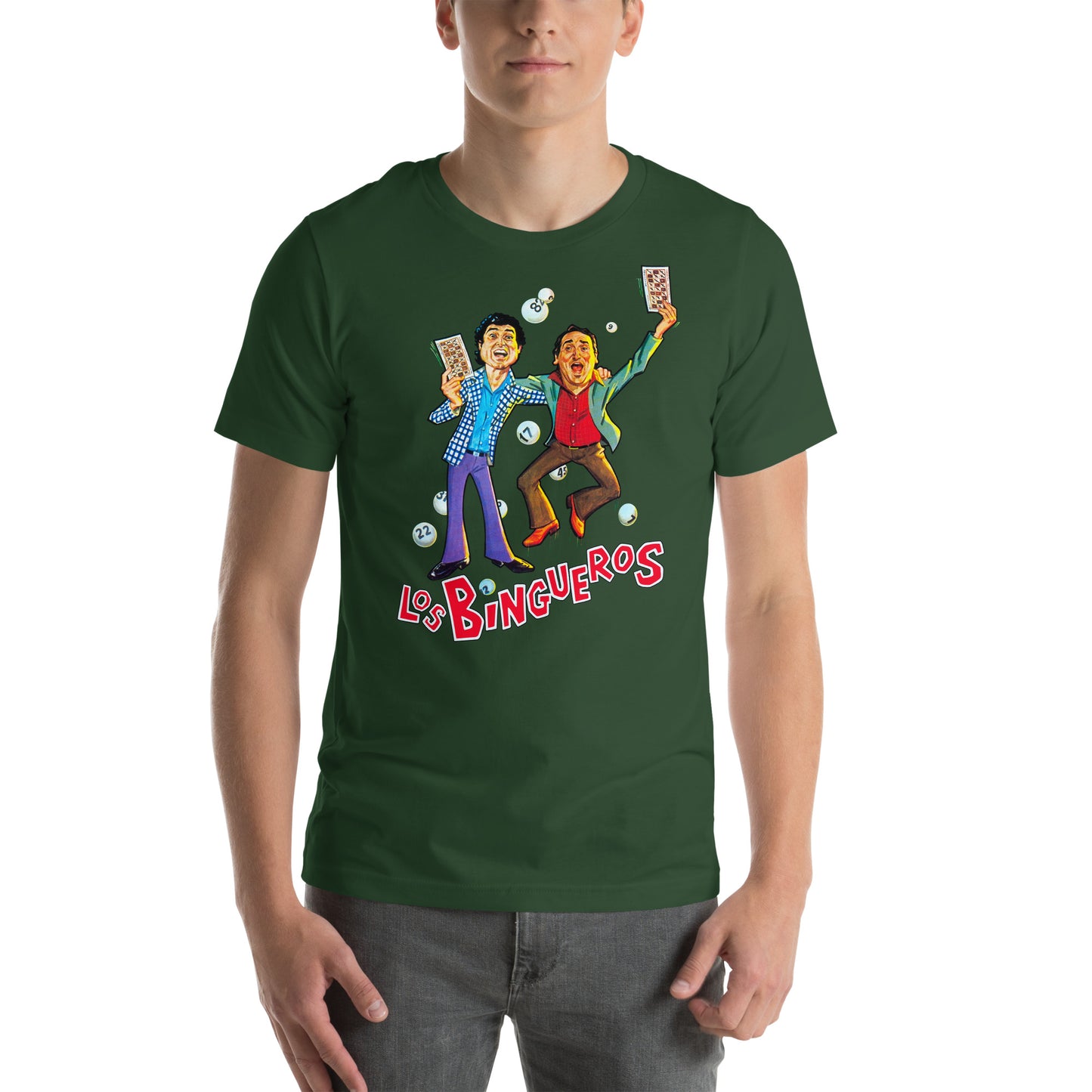 hombre con camiseta los bingueros andres pajares fernando esteso en color verde botella
